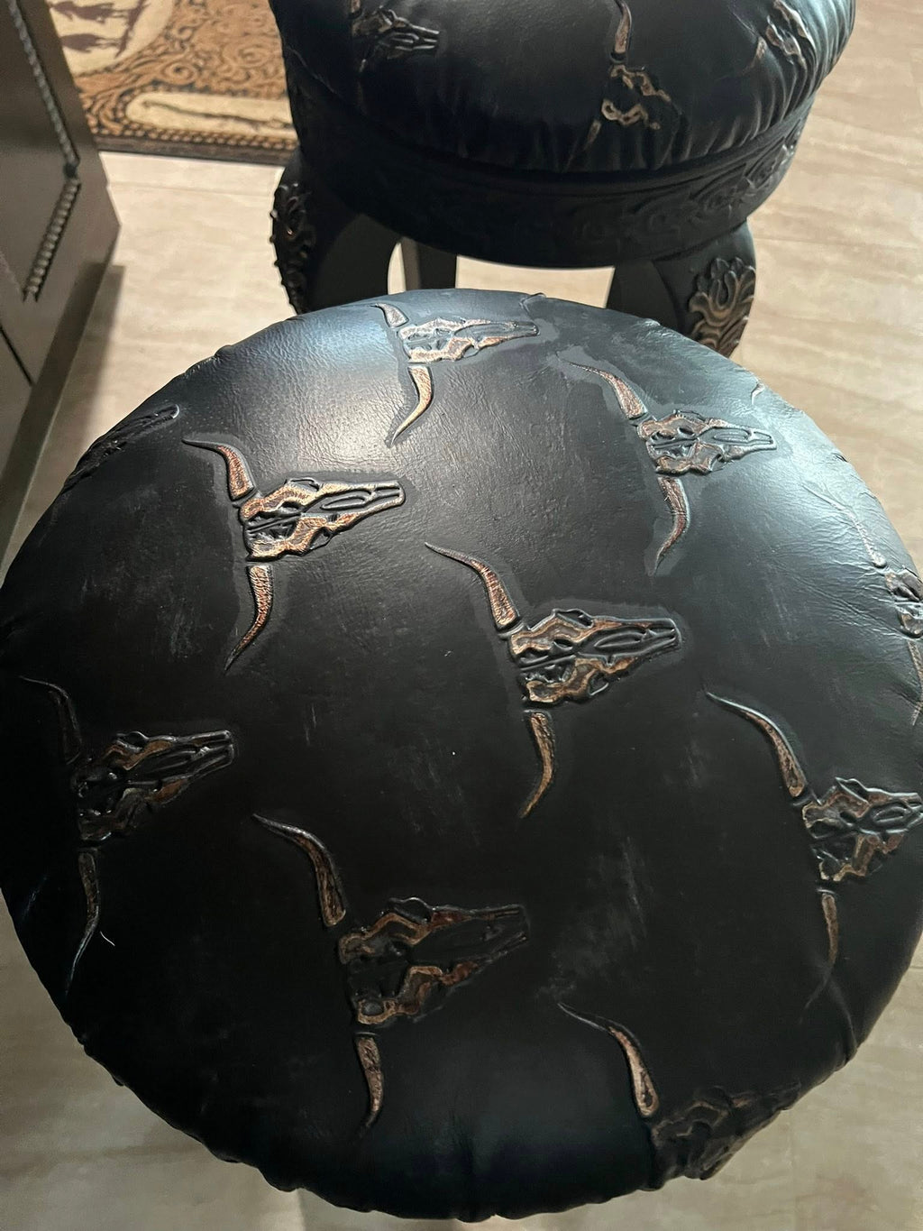 Rustic Longhorn Leather and carved wood Barstools