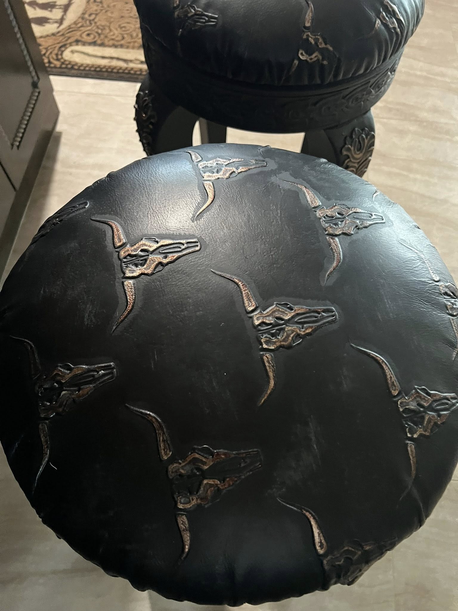 Rustic Longhorn Leather and carved wood Barstools