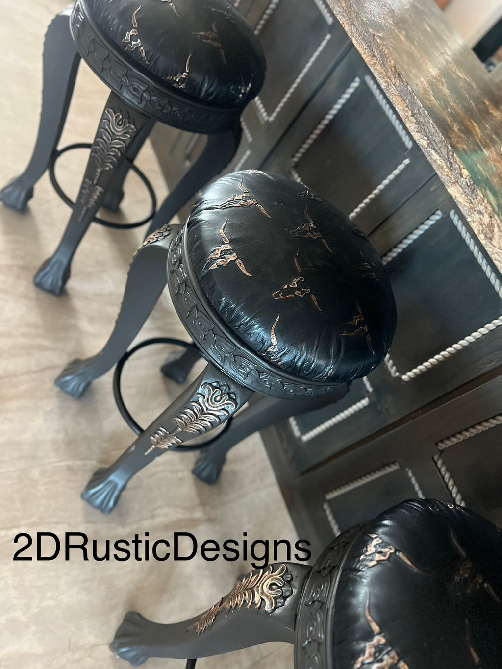Rustic Longhorn Leather and carved wood Barstools