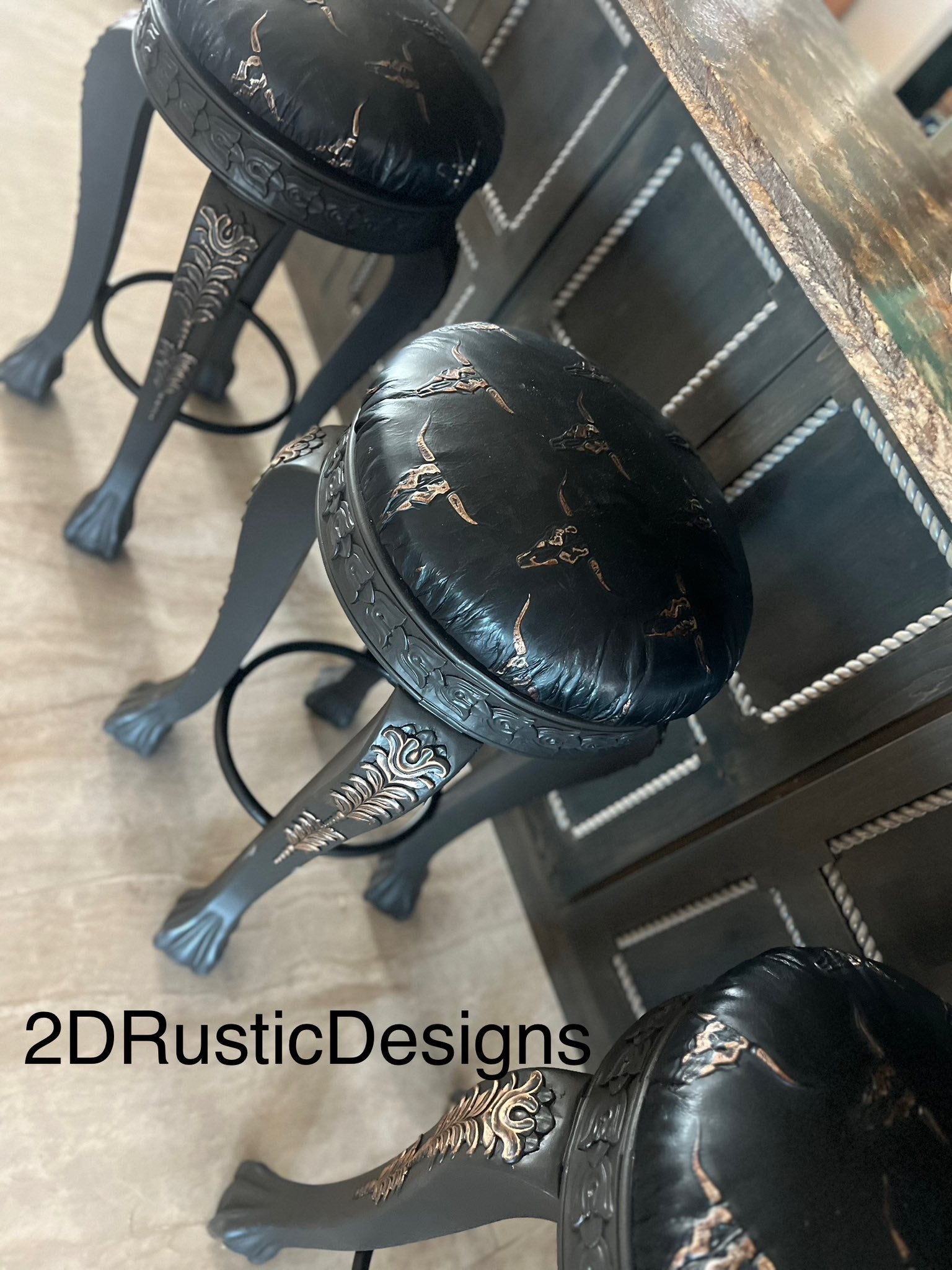 Rustic Longhorn Leather and carved wood Barstools