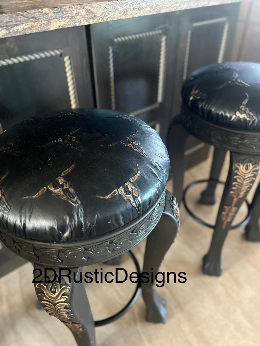 Rustic Longhorn Leather and carved wood Barstools