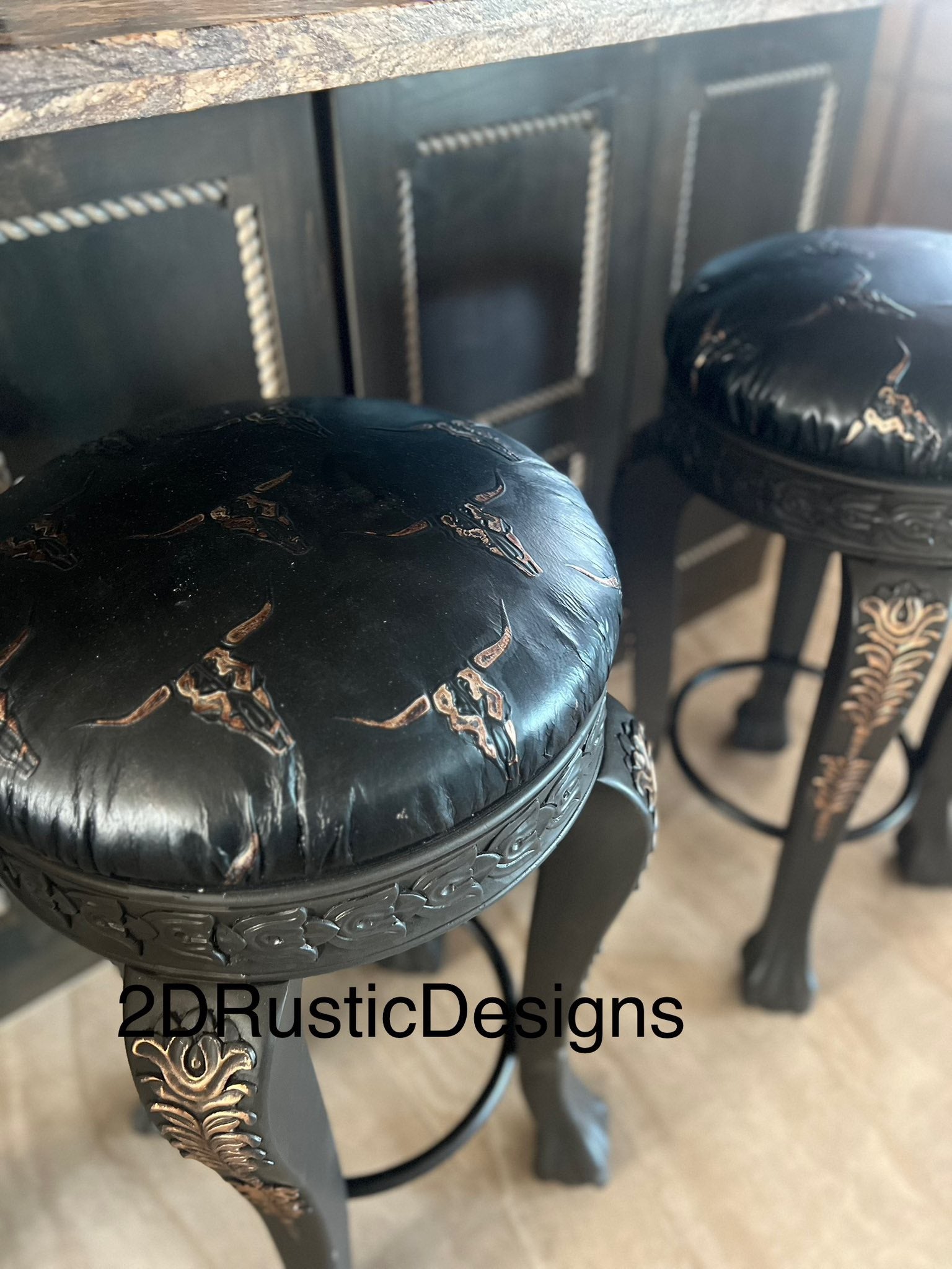 Rustic Longhorn Leather and carved wood Barstools