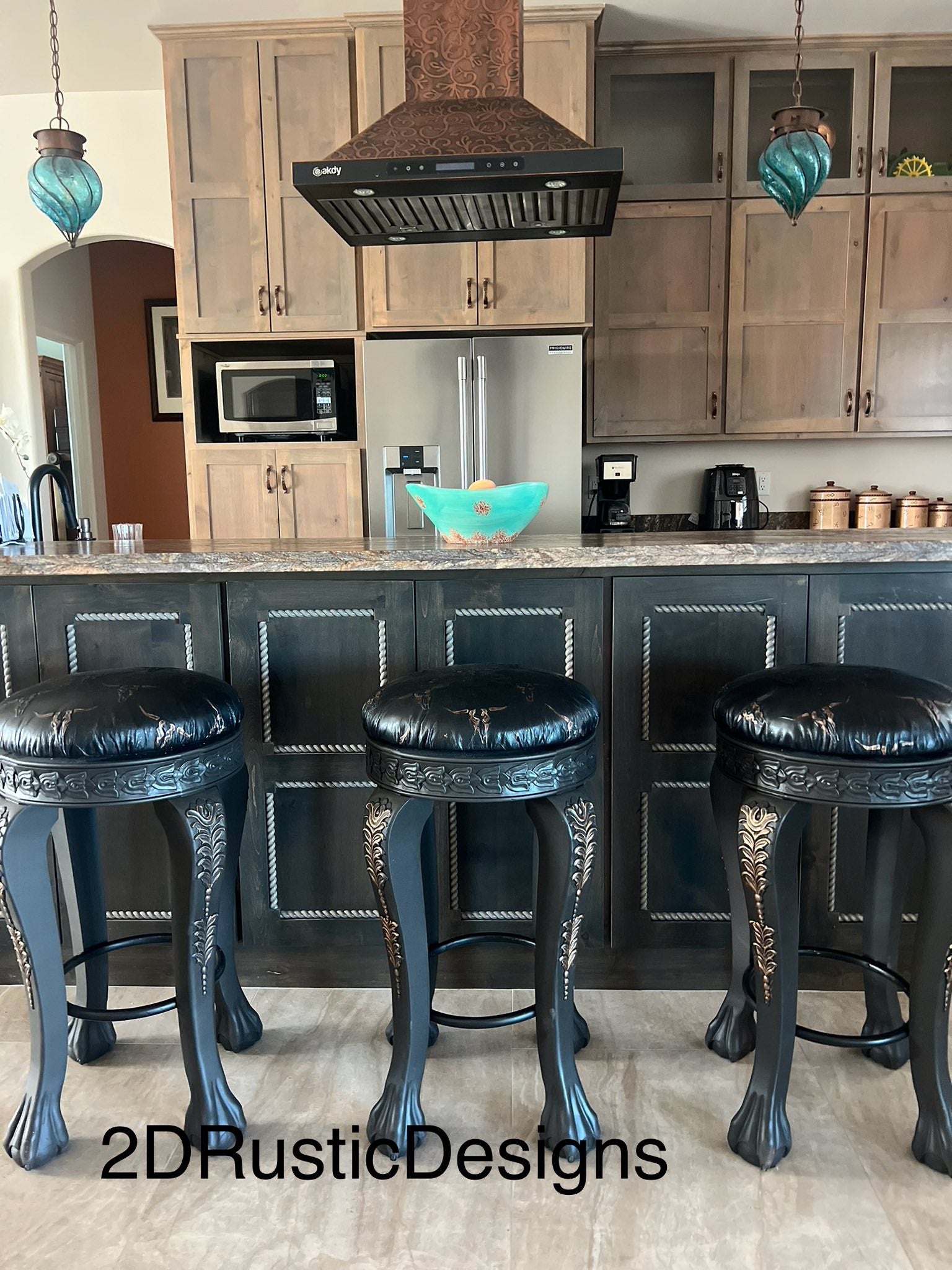 Rustic Longhorn Leather and carved wood Barstools