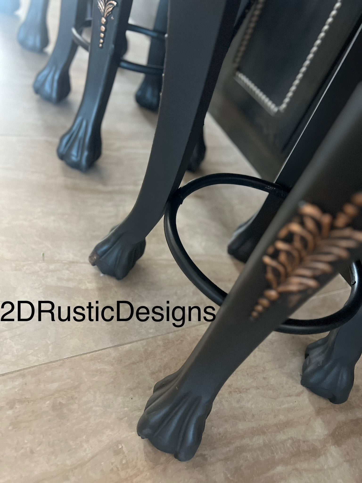Rustic Longhorn Leather and carved wood Barstools