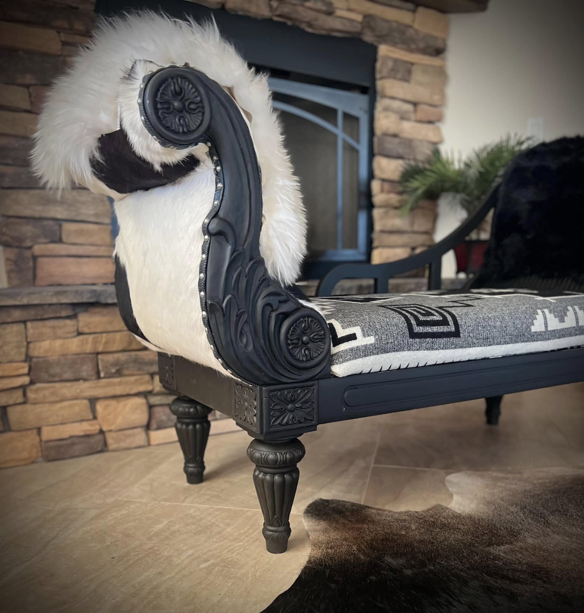 Western Black and White Chaise Lounge with Sheepskin sides