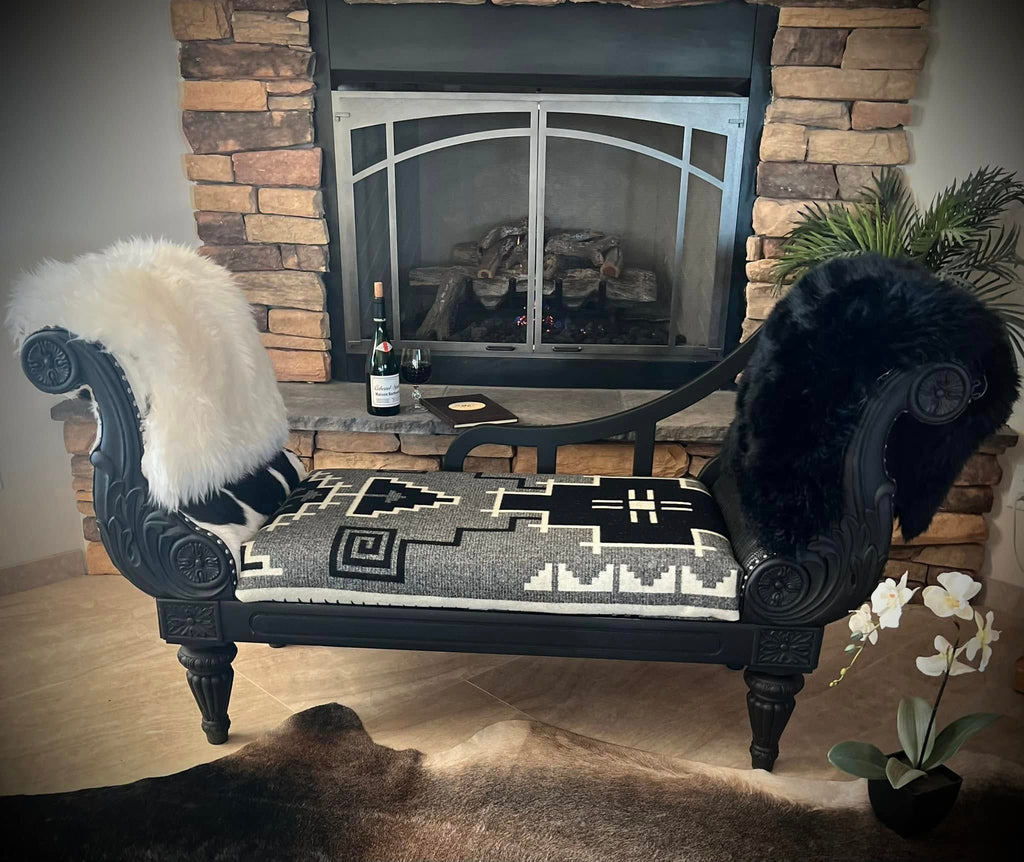 Western Black and White Chaise Lounge with Sheepskin sides