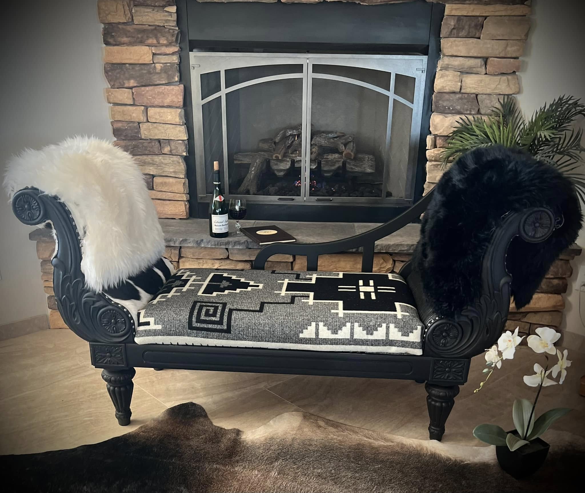 Western Black and White Chaise Lounge with Sheepskin sides