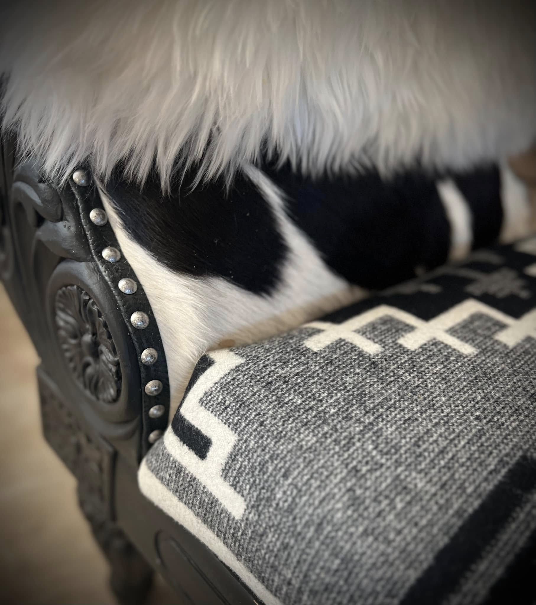 Western Black and White Chaise Lounge with Sheepskin sides