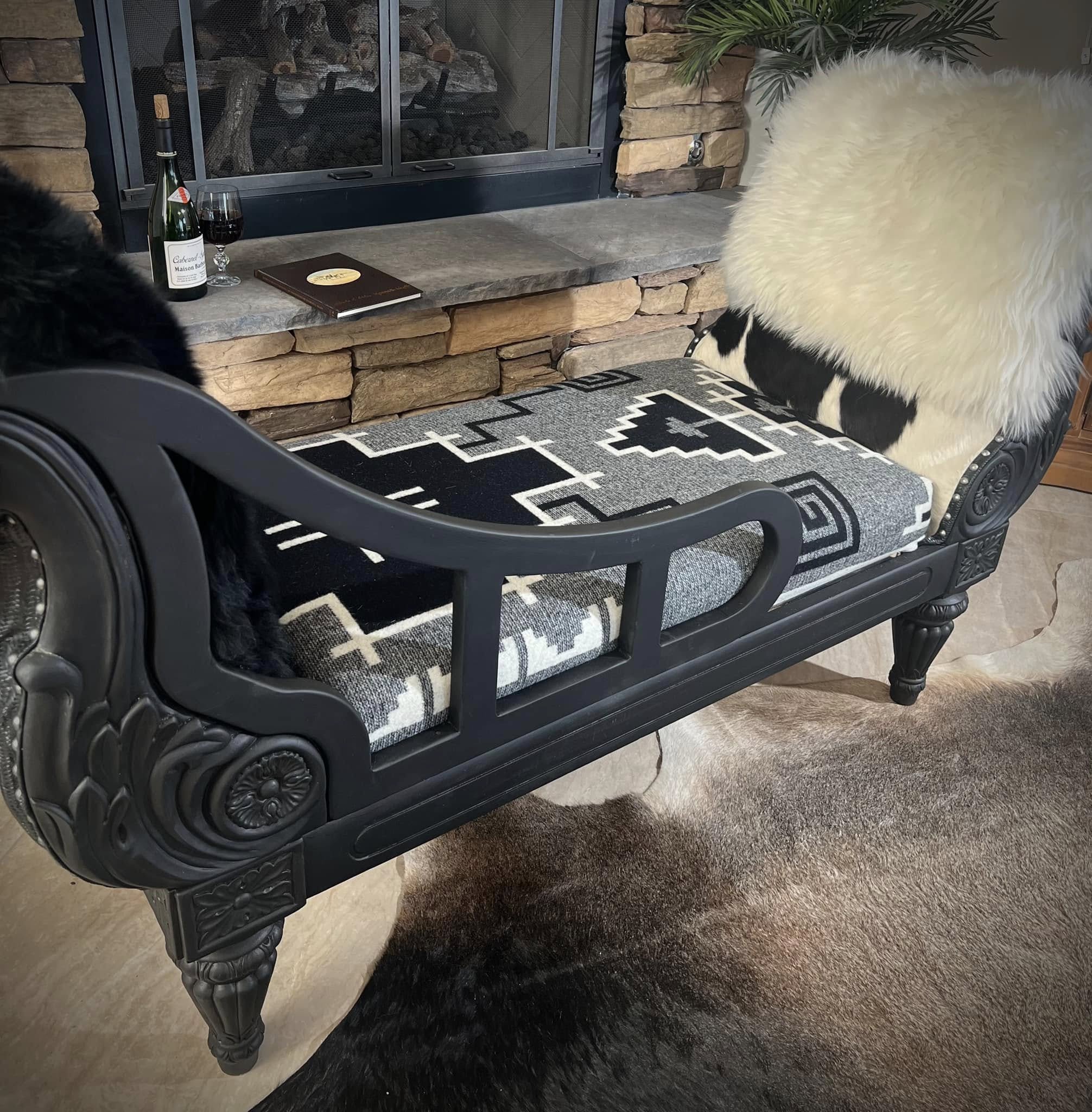 Western Black and White Chaise Lounge with Sheepskin sides