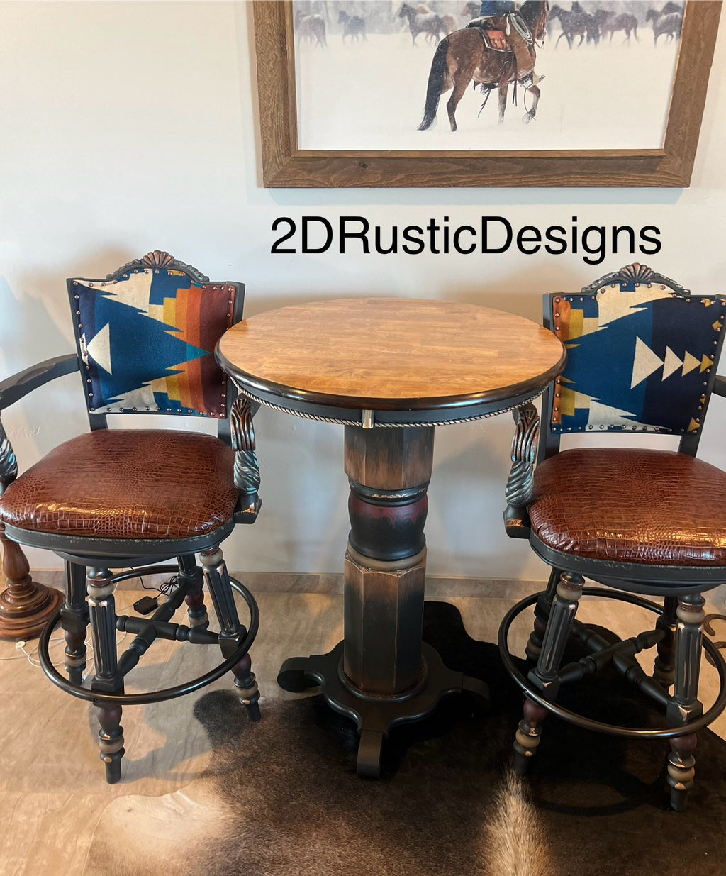 Sun Rise Pub Table Leather and Cowhide Western  Bistro Set