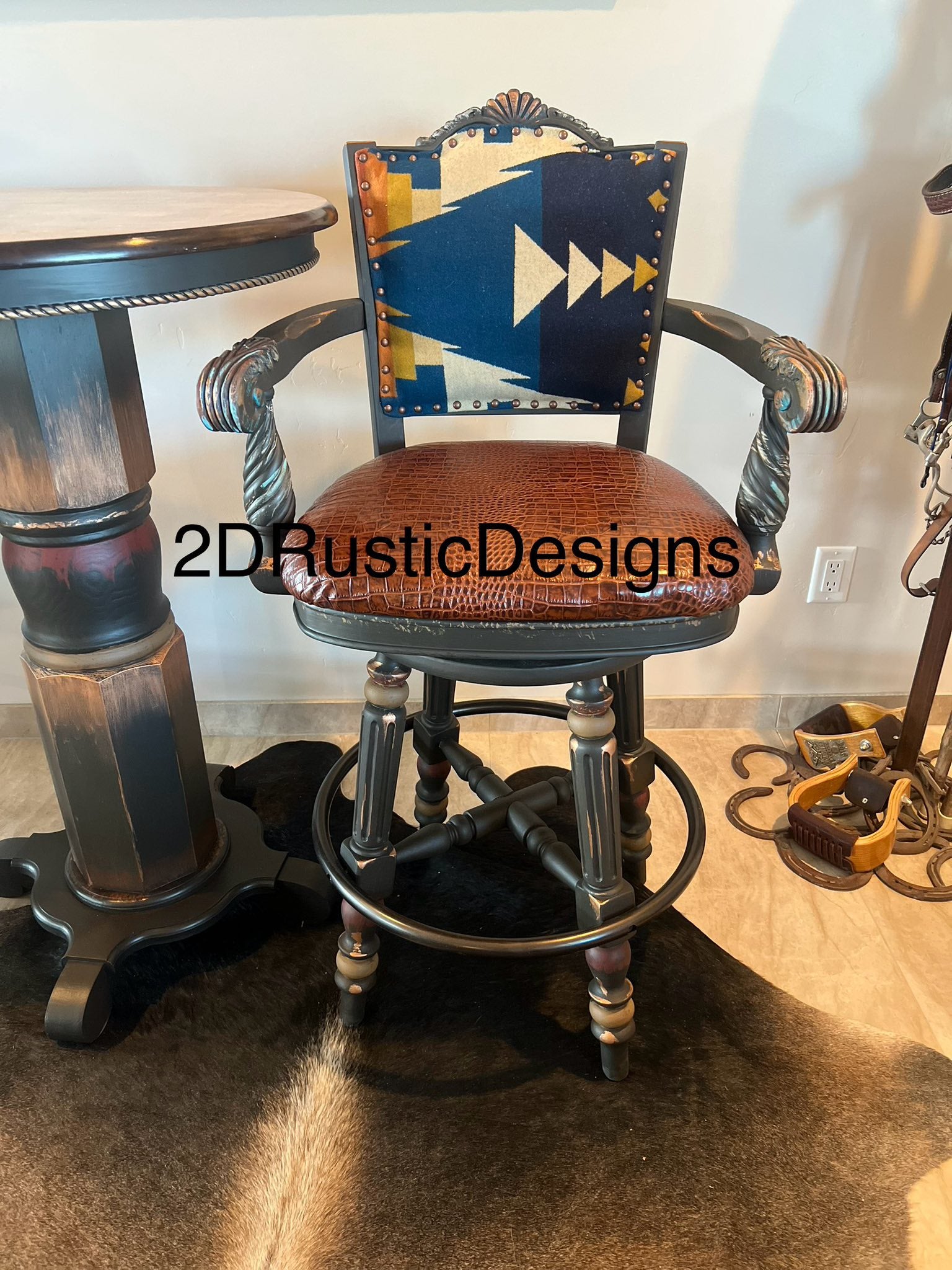 Sun Rise Pub Table Leather and Cowhide Western  Bistro Set