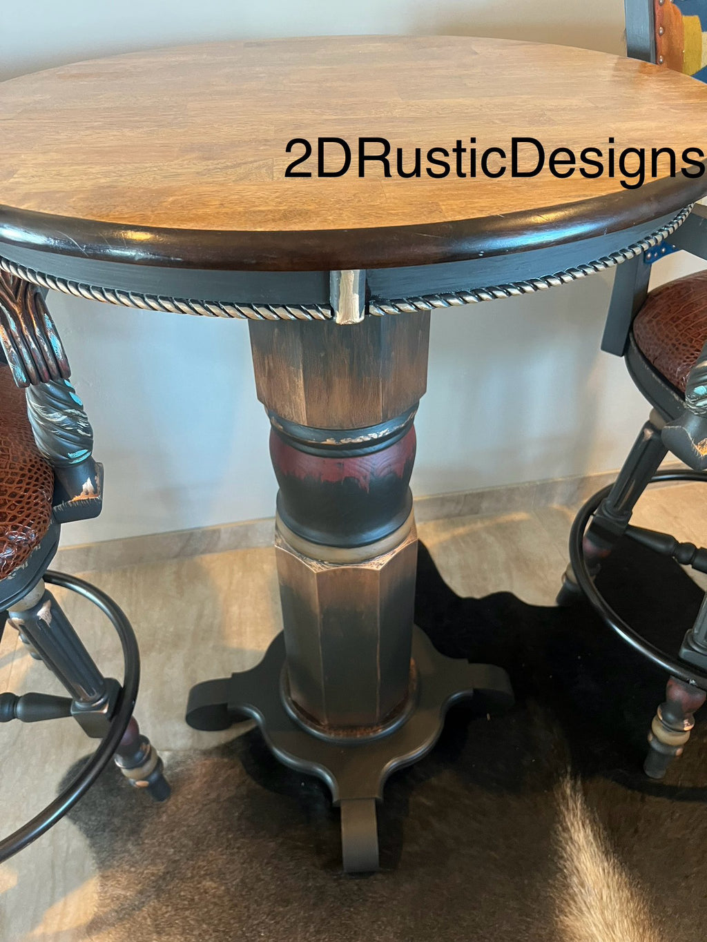 Sun Rise Pub Table Leather and Cowhide Western  Bistro Set