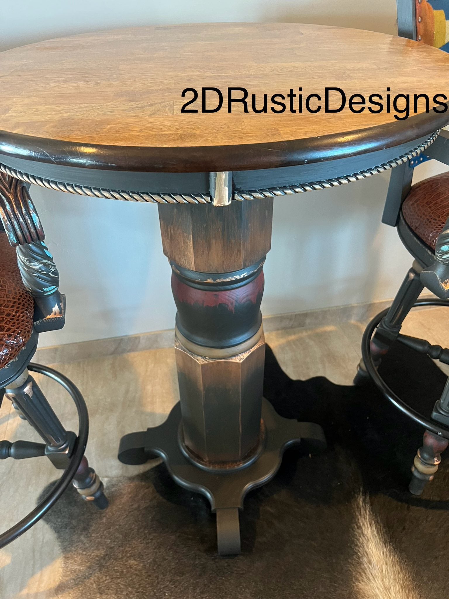 Sun Rise Pub Table Leather and Cowhide Western  Bistro Set