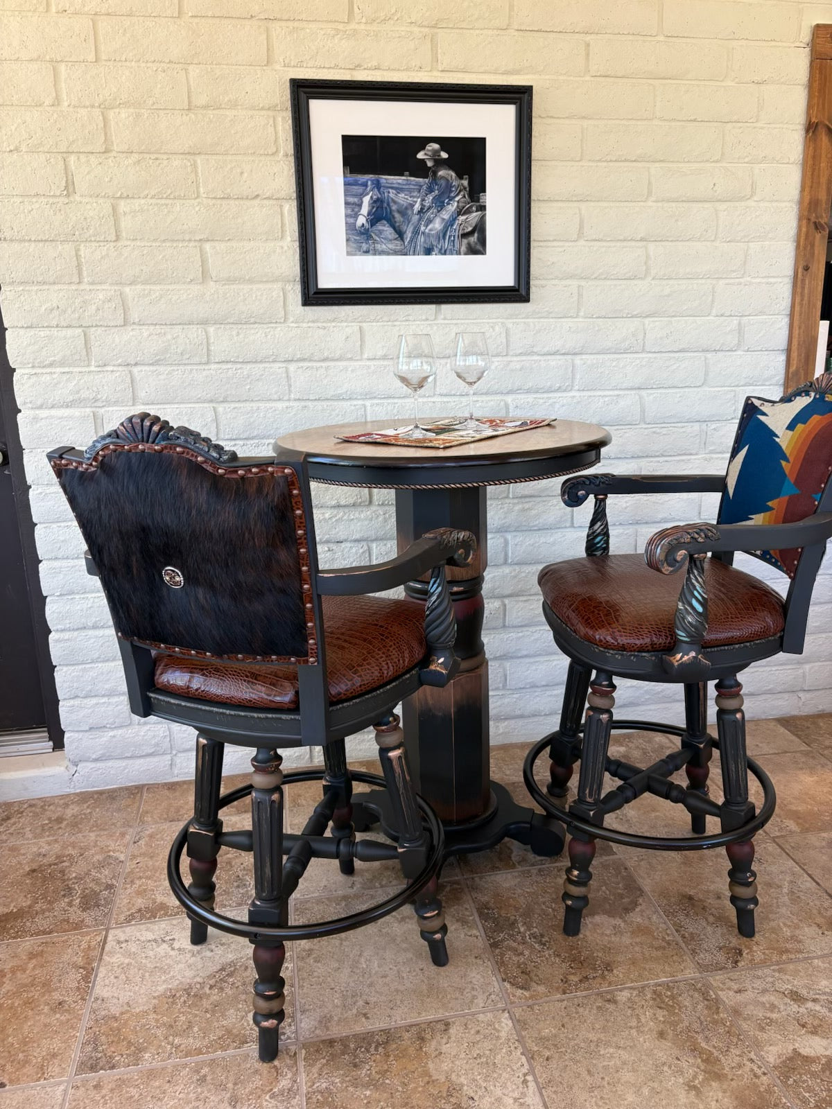 Sun Rise Pub Table Leather and Cowhide Western  Bistro Set