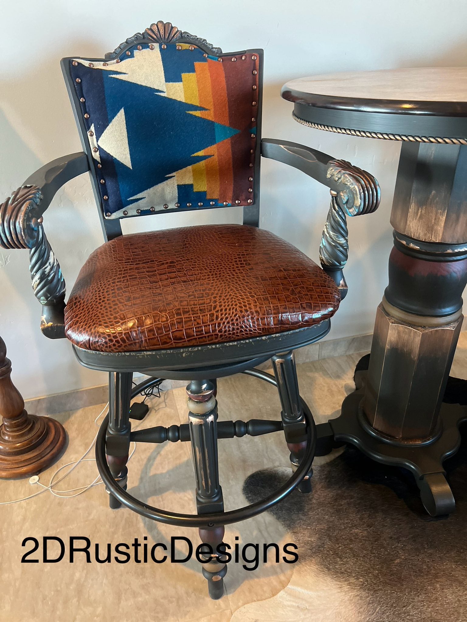 Sun Rise Pub Table Leather and Cowhide Western  Bistro Set