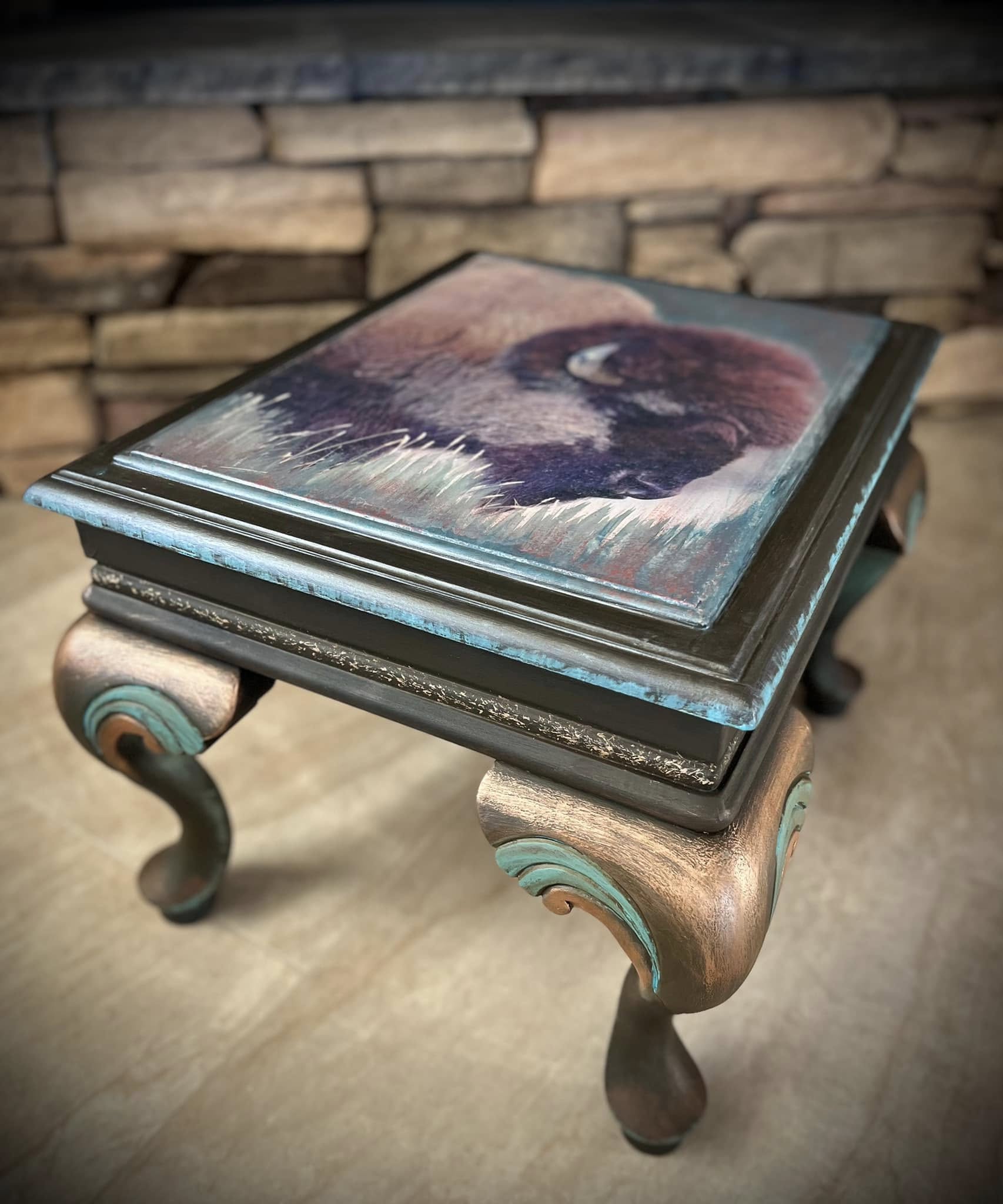 Buffalo or Cowhide Rustic Bison Footstool table