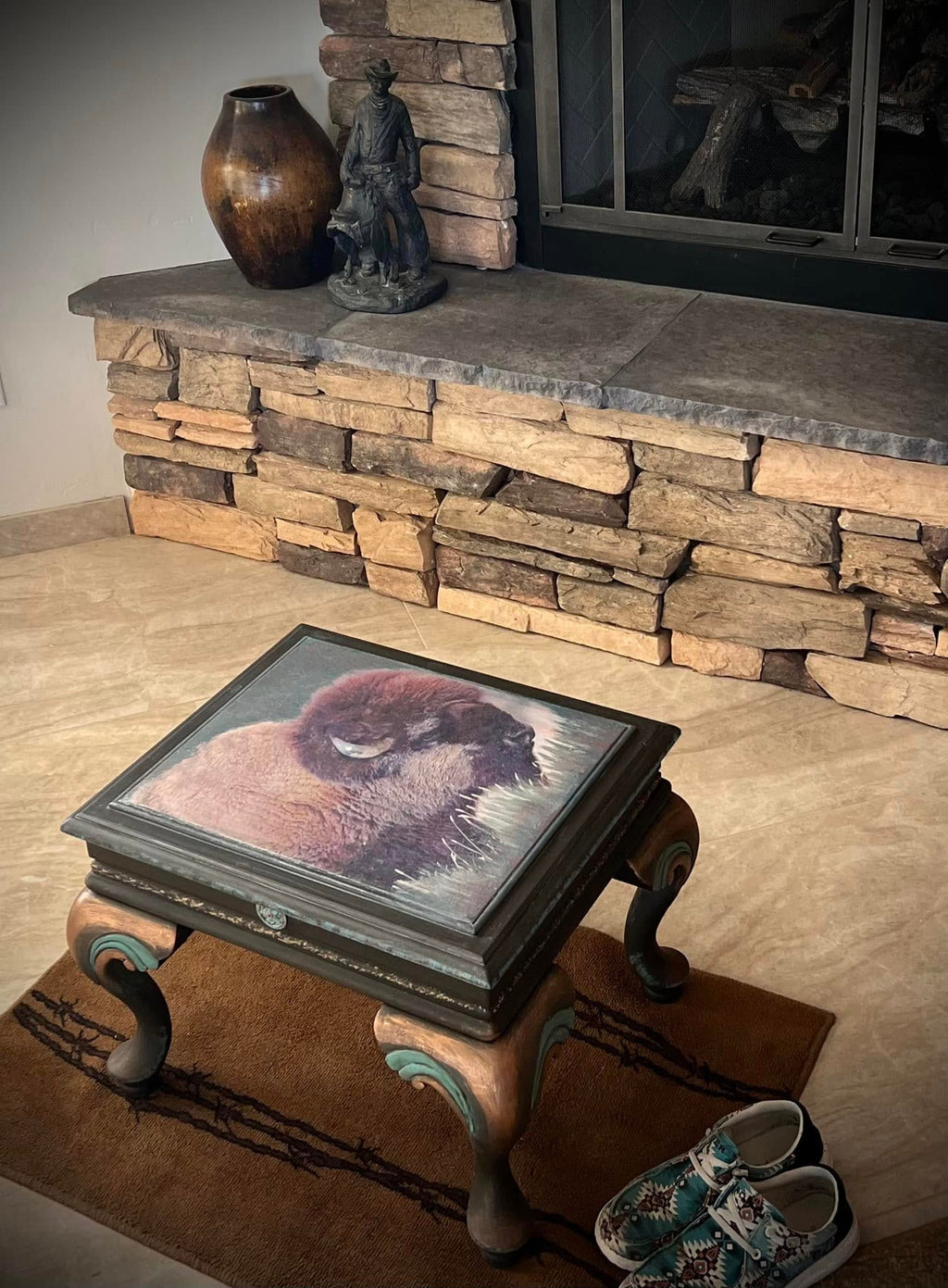 Buffalo or Cowhide Rustic Bison Footstool table