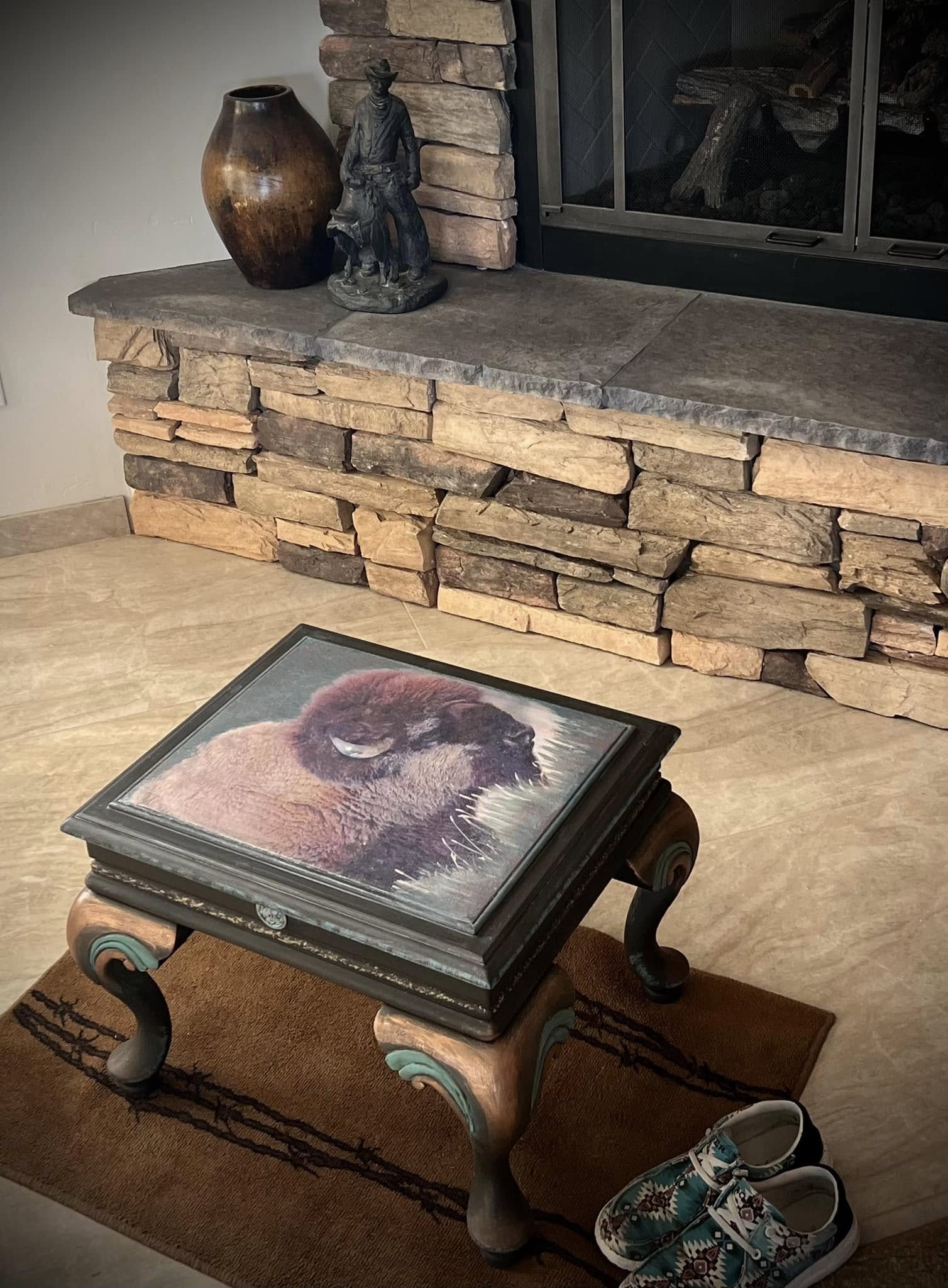 Buffalo or Cowhide Rustic Bison Footstool table