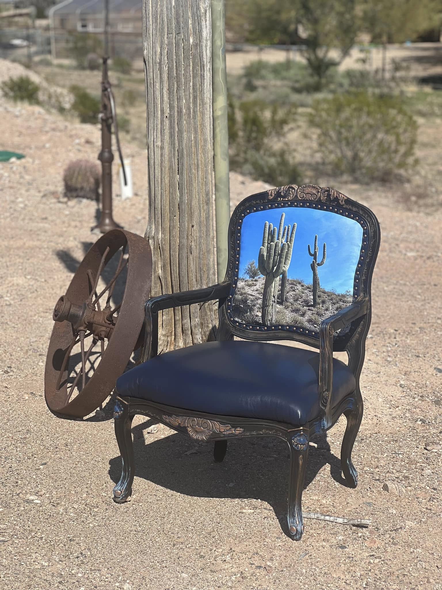 Arizona Blue Sky Saguaro Cactus Armchair with genuine leather seat