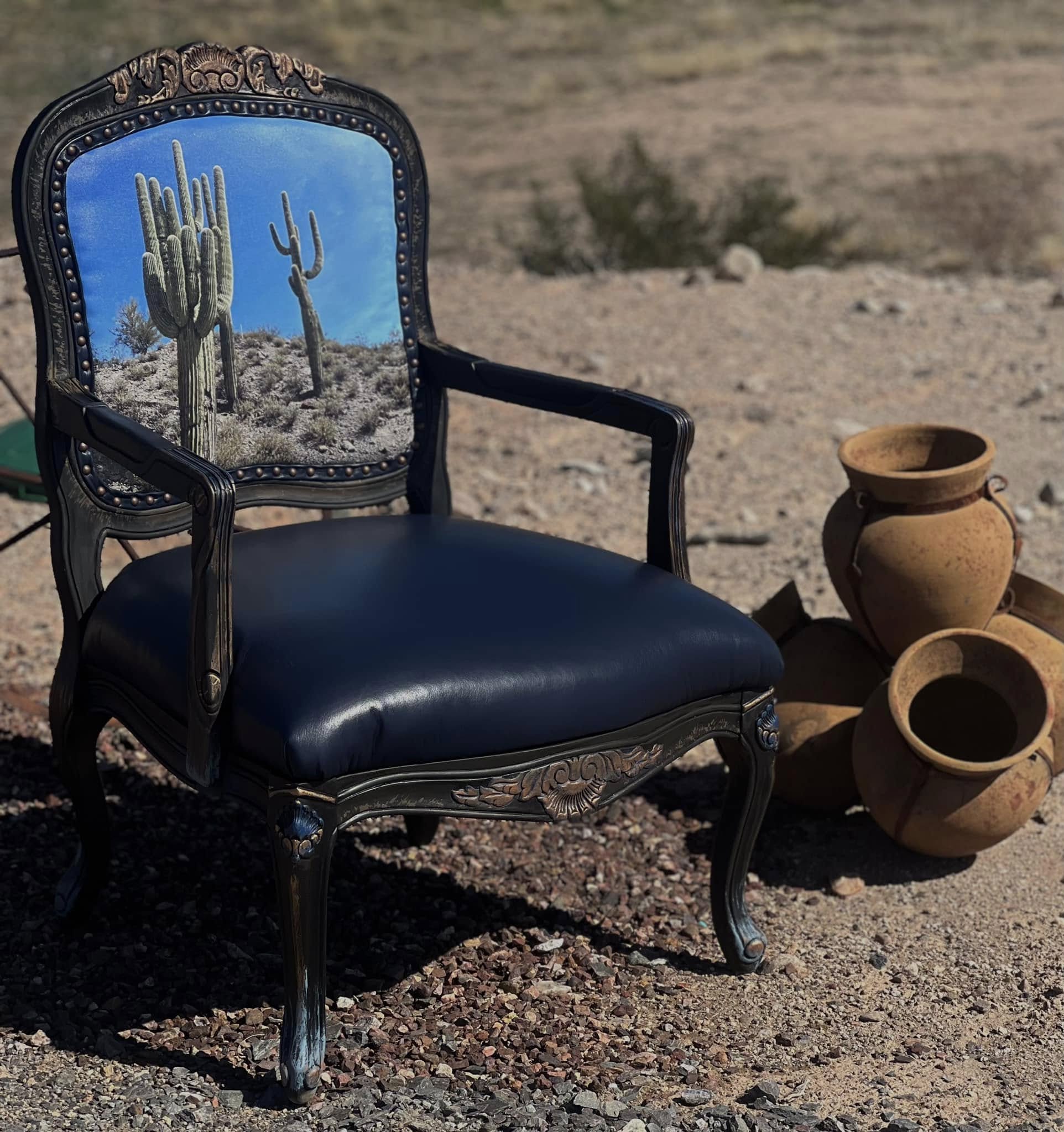 Arizona Blue Sky Saguaro Cactus Armchair with genuine leather seat