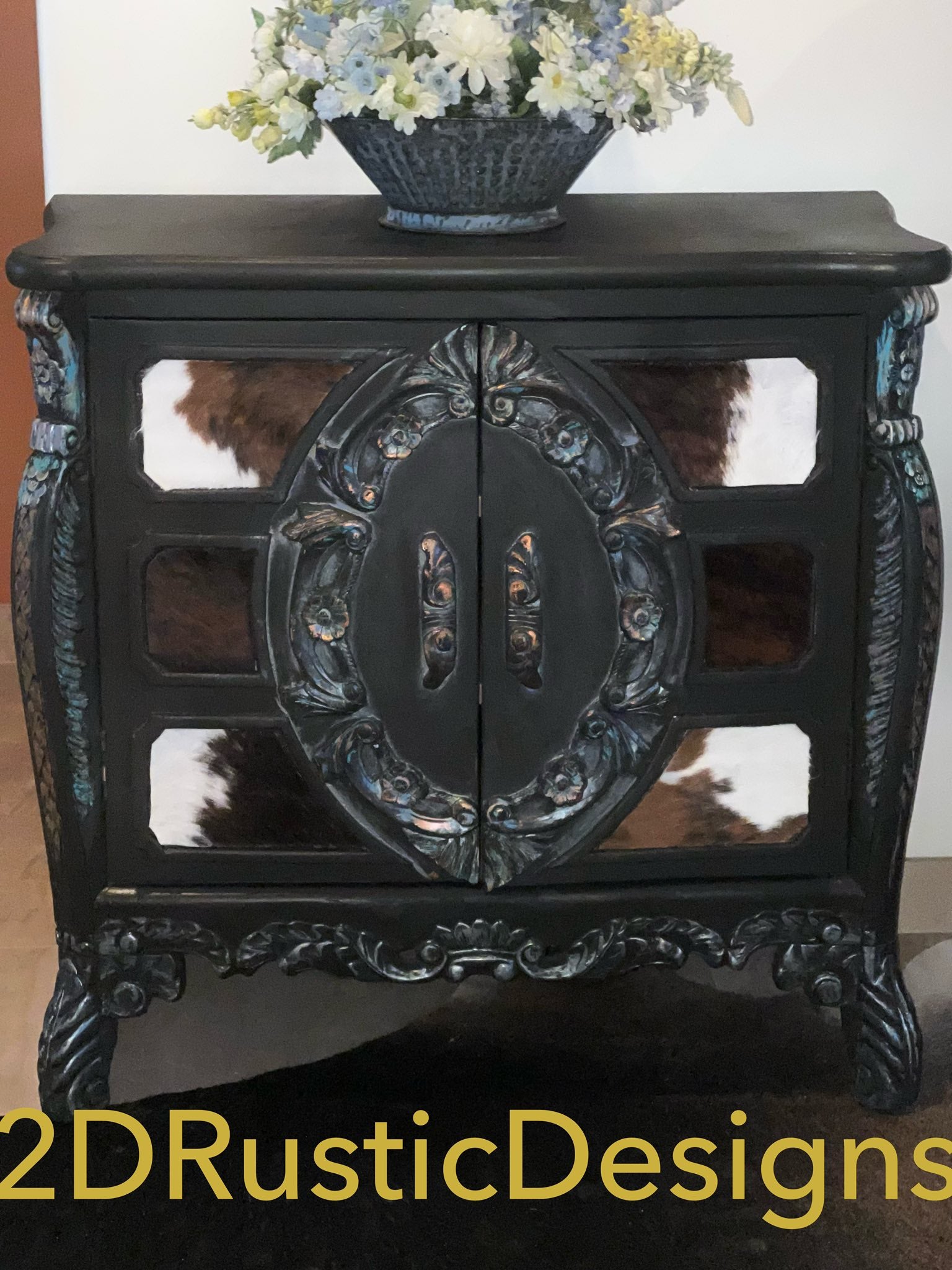 Cowhide Embellished Rustic Wooden Cabinet