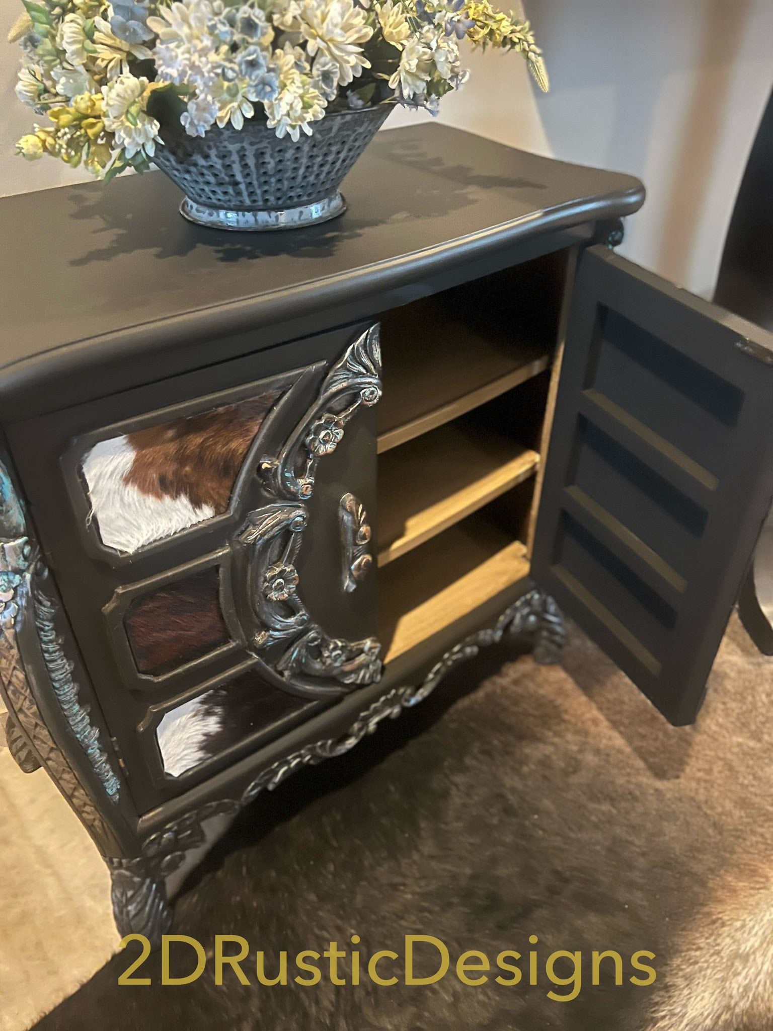 Cowhide Embellished Rustic Wooden Cabinet