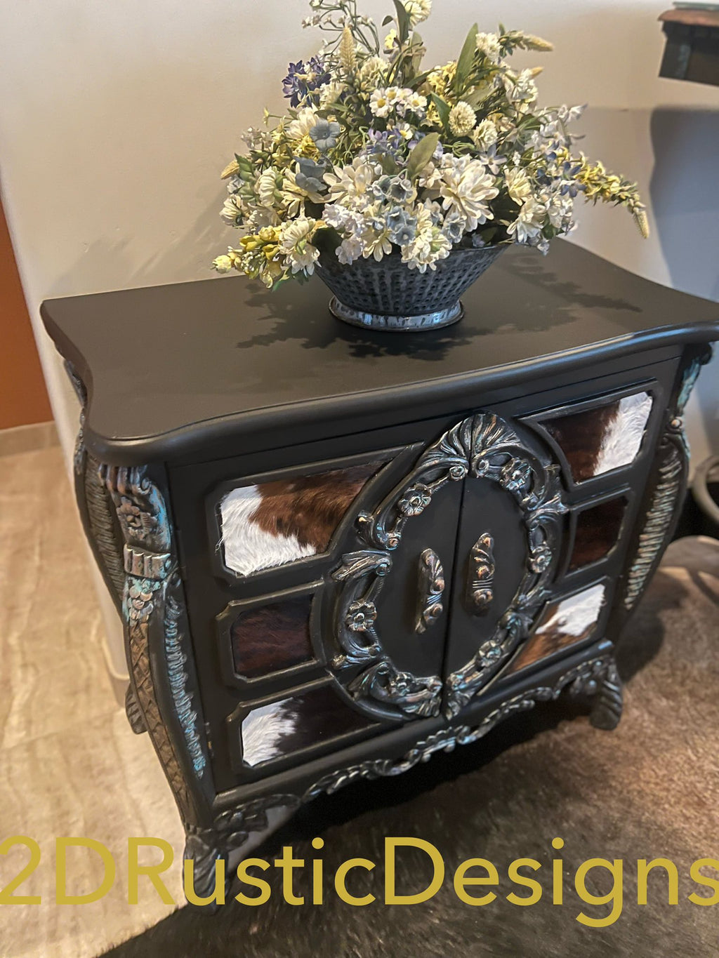 Cowhide Embellished Rustic Wooden Cabinet