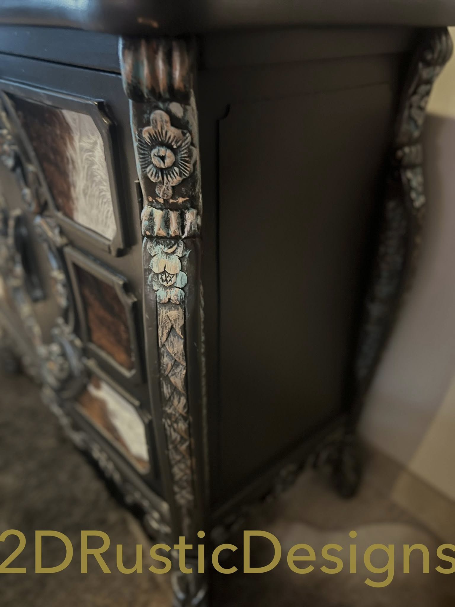 Cowhide Embellished Rustic Wooden Cabinet