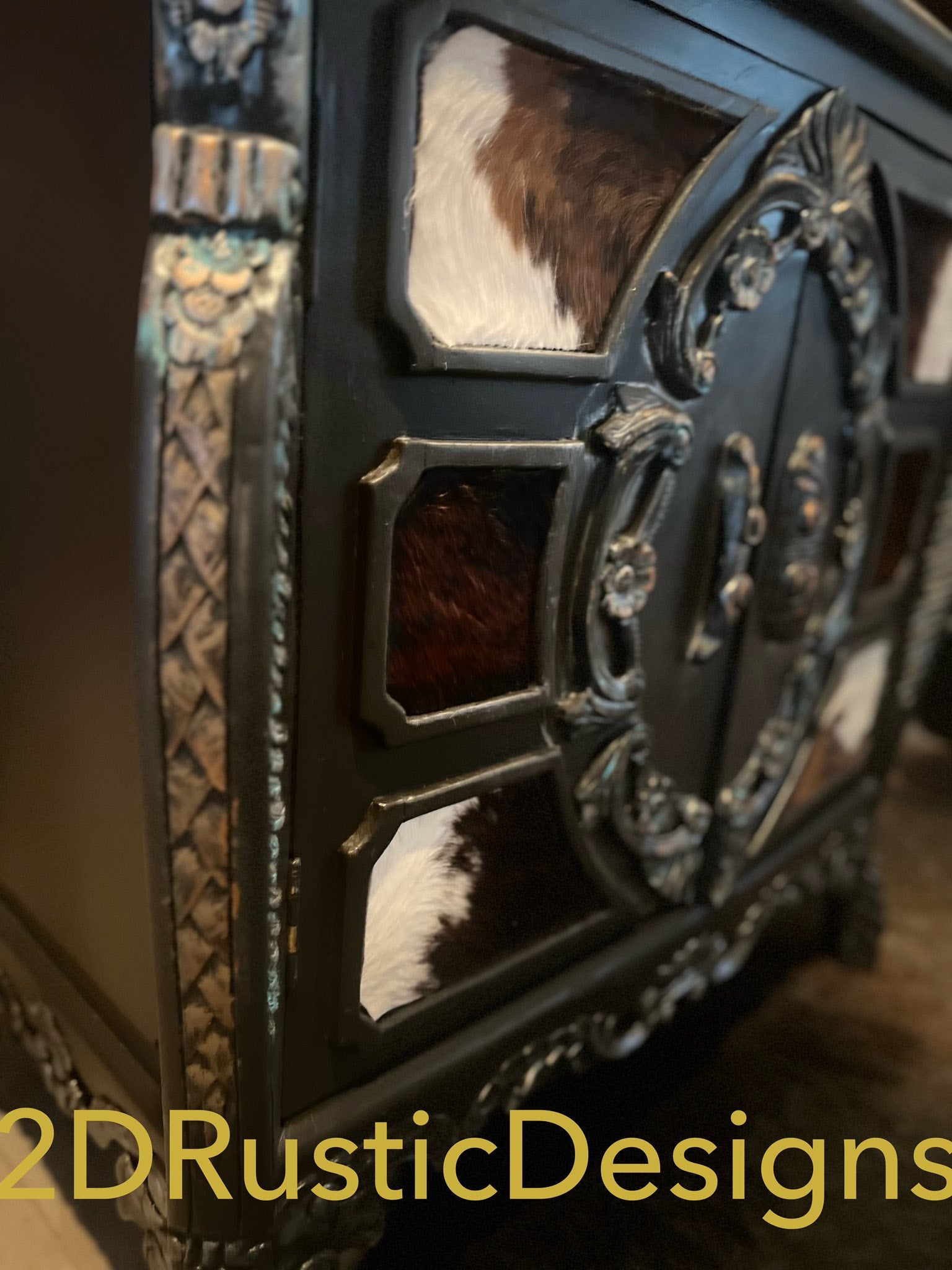 Cowhide Embellished Rustic Wooden Cabinet