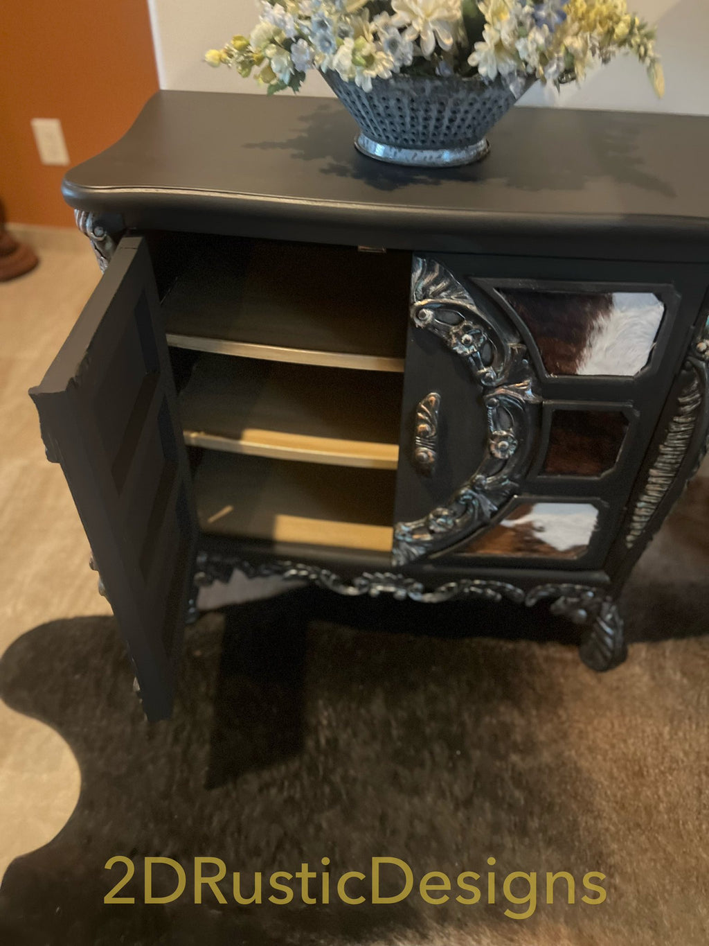 Cowhide Embellished Rustic Wooden Cabinet