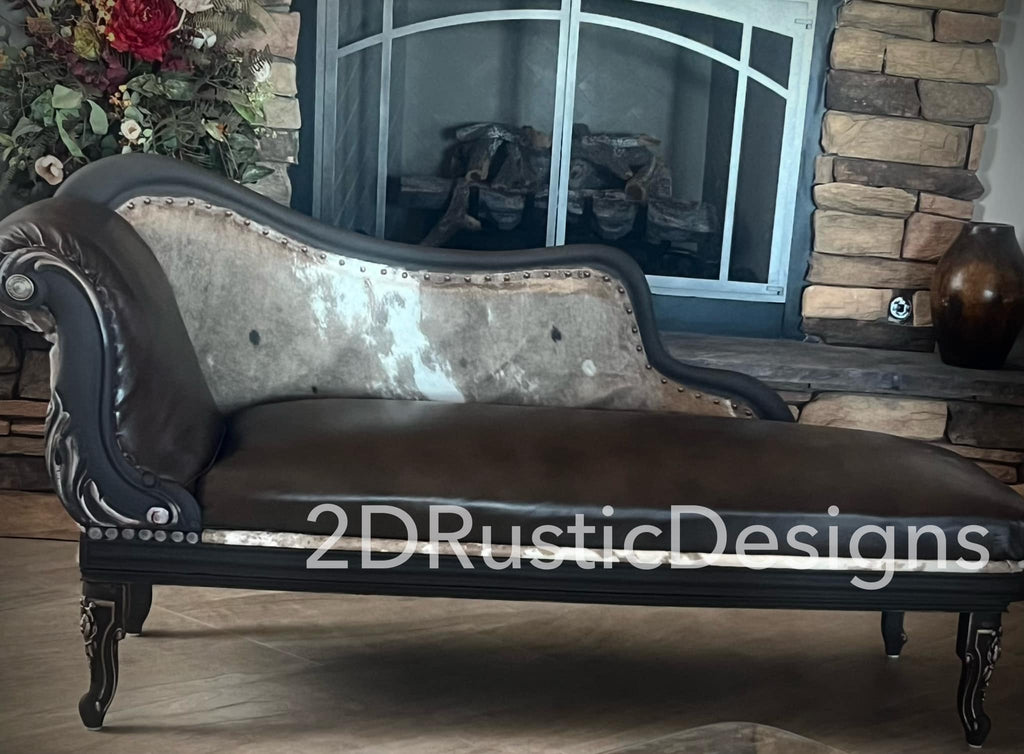 Elegant Vintage Leather and Cowhide Chaise Lounge