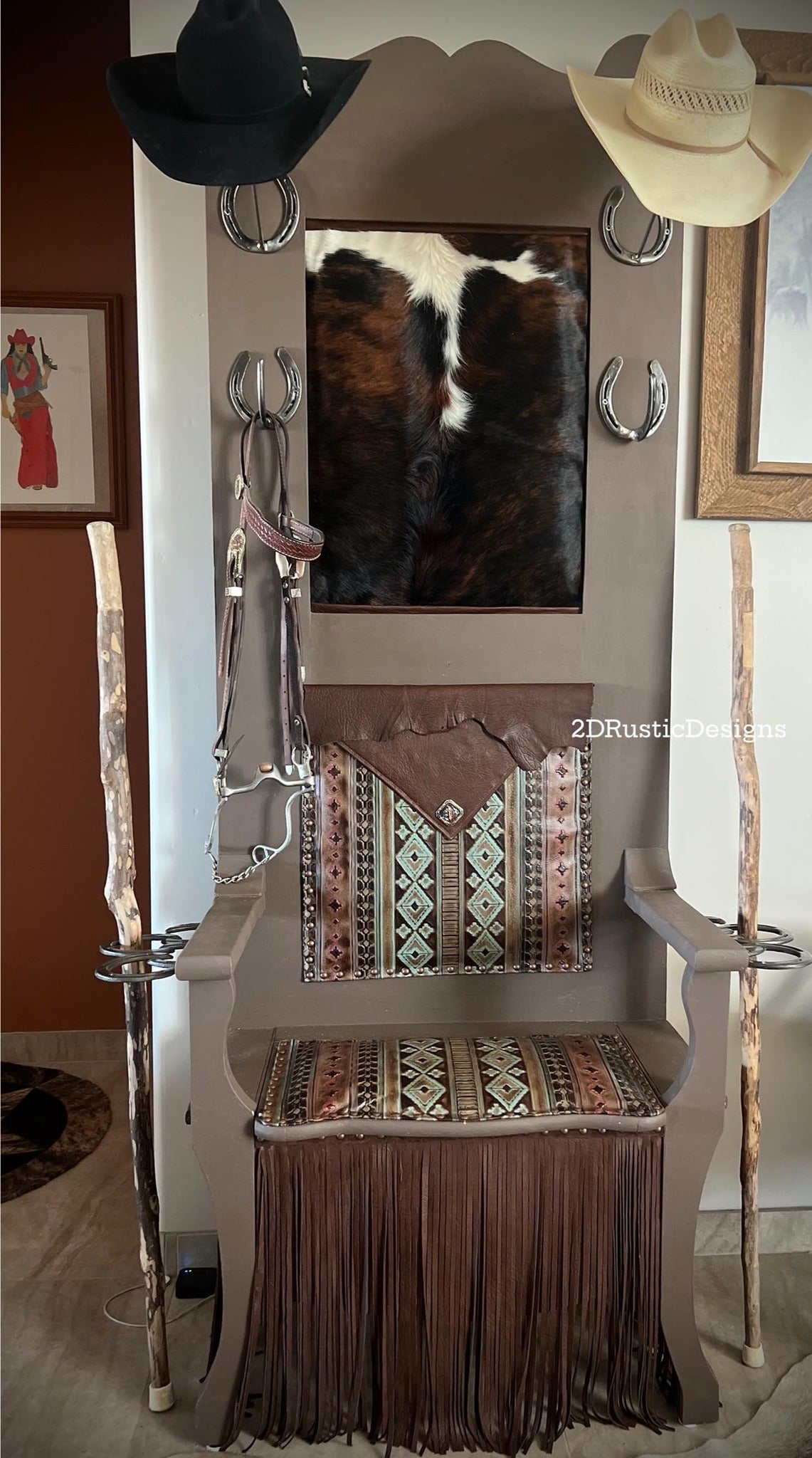 Rustic Cowhide and Leather Hat Rack Bench Hall Tree