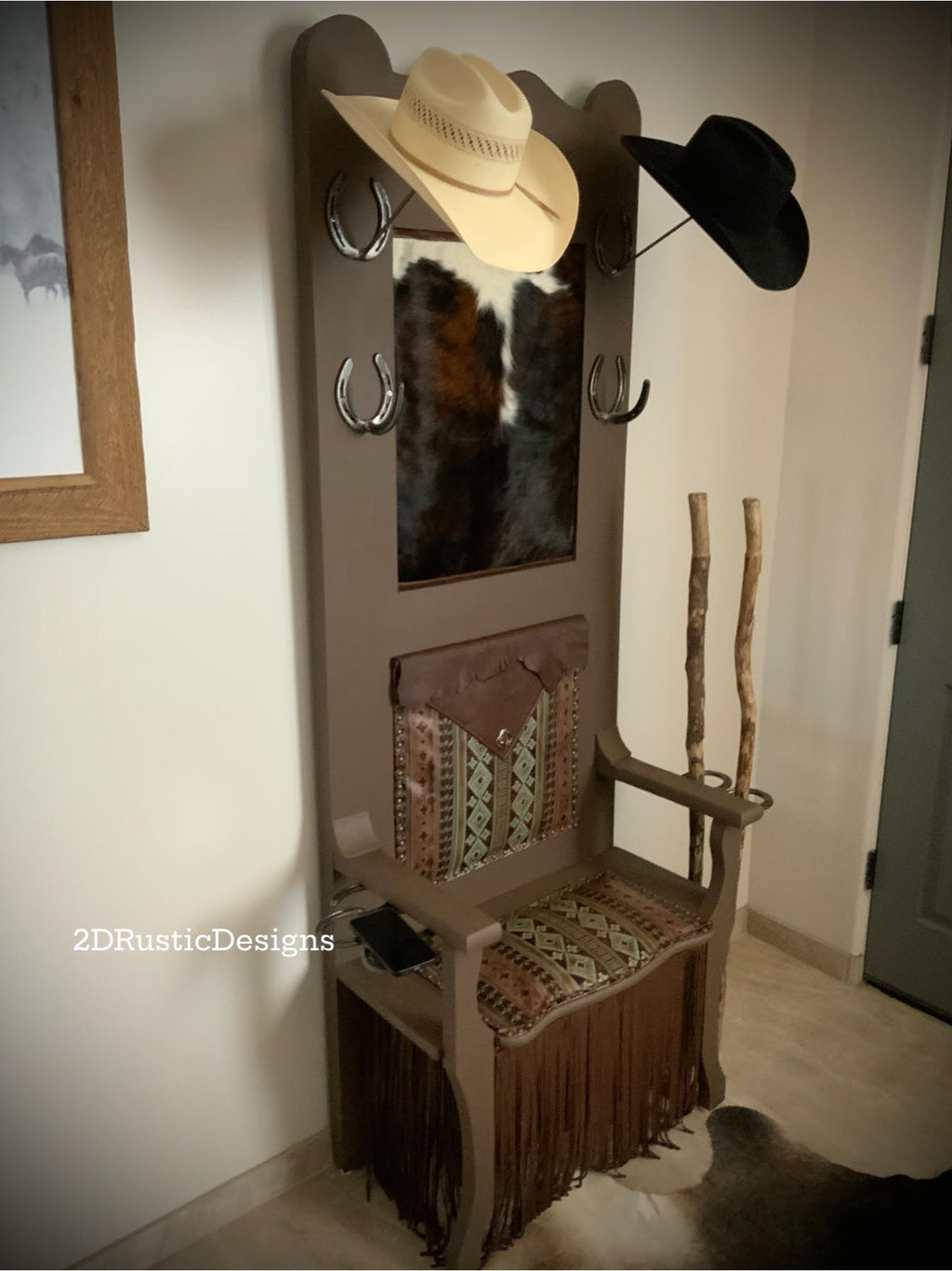 Rustic Cowhide and Leather Hat Rack Bench Hall Tree
