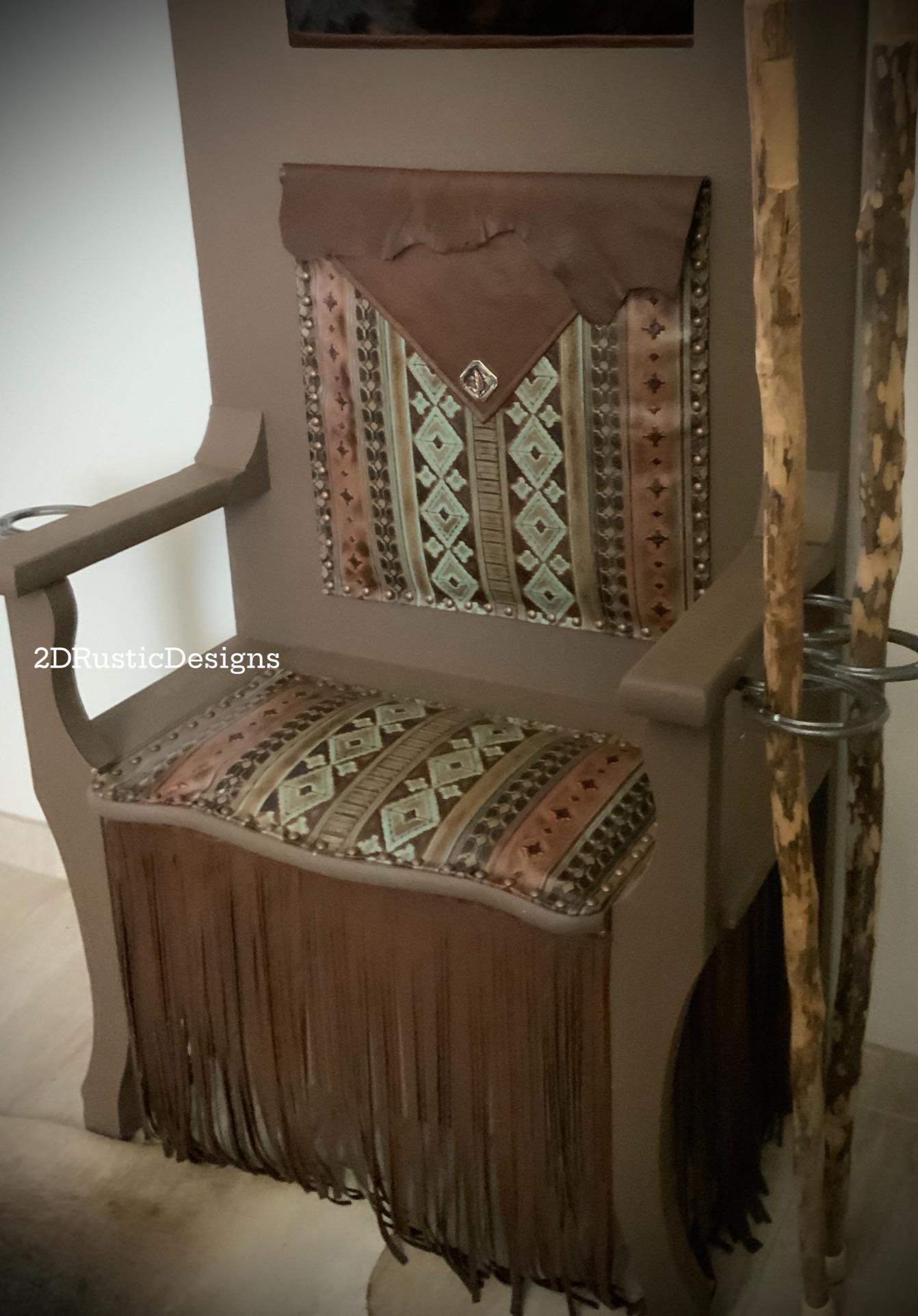 Rustic Cowhide and Leather Hat Rack Bench Hall Tree