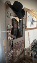 Rustic Cowhide and Leather Hat Rack Bench Hall Tree