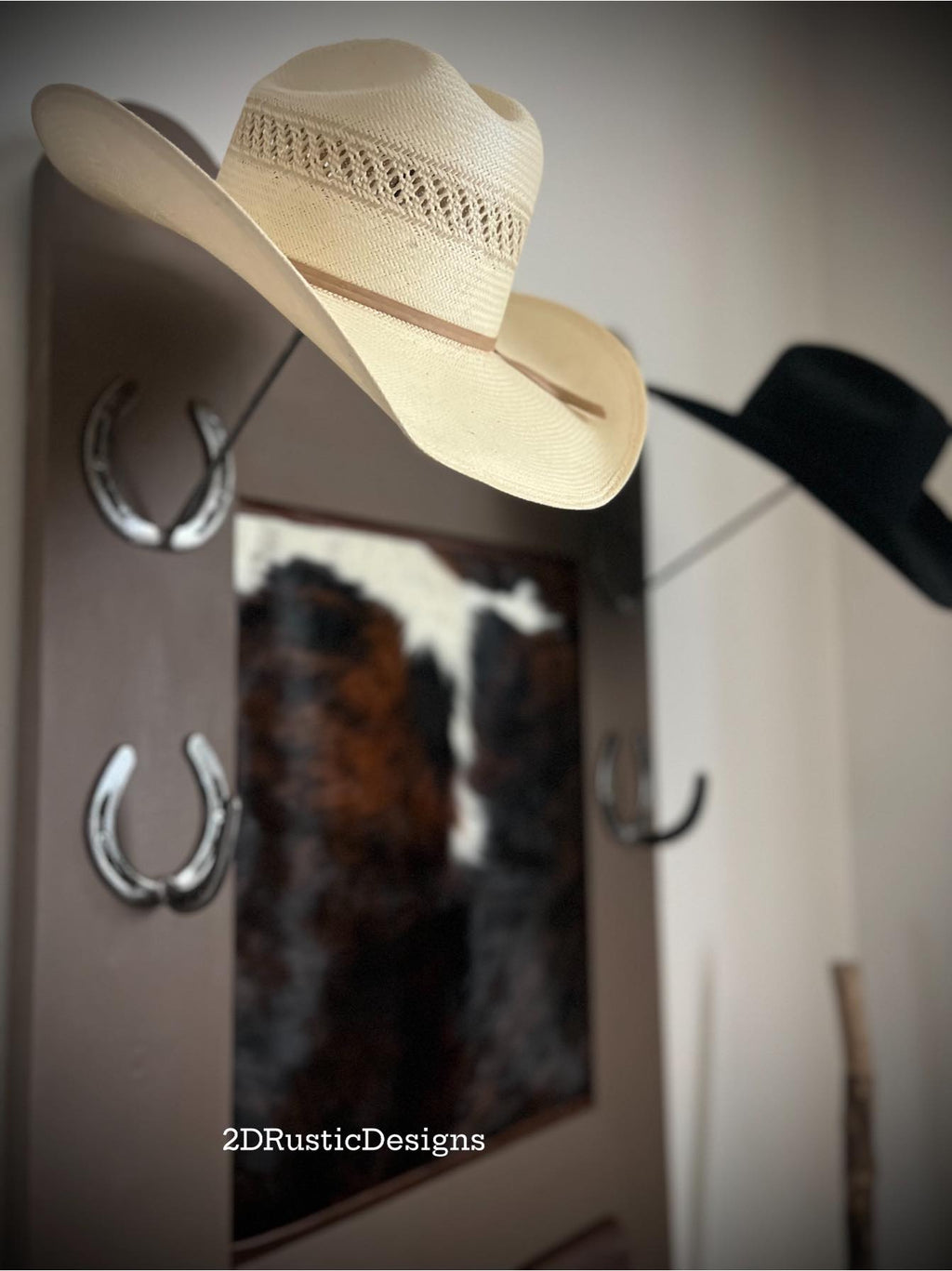 Rustic Cowhide and Leather Hat Rack Bench Hall Tree