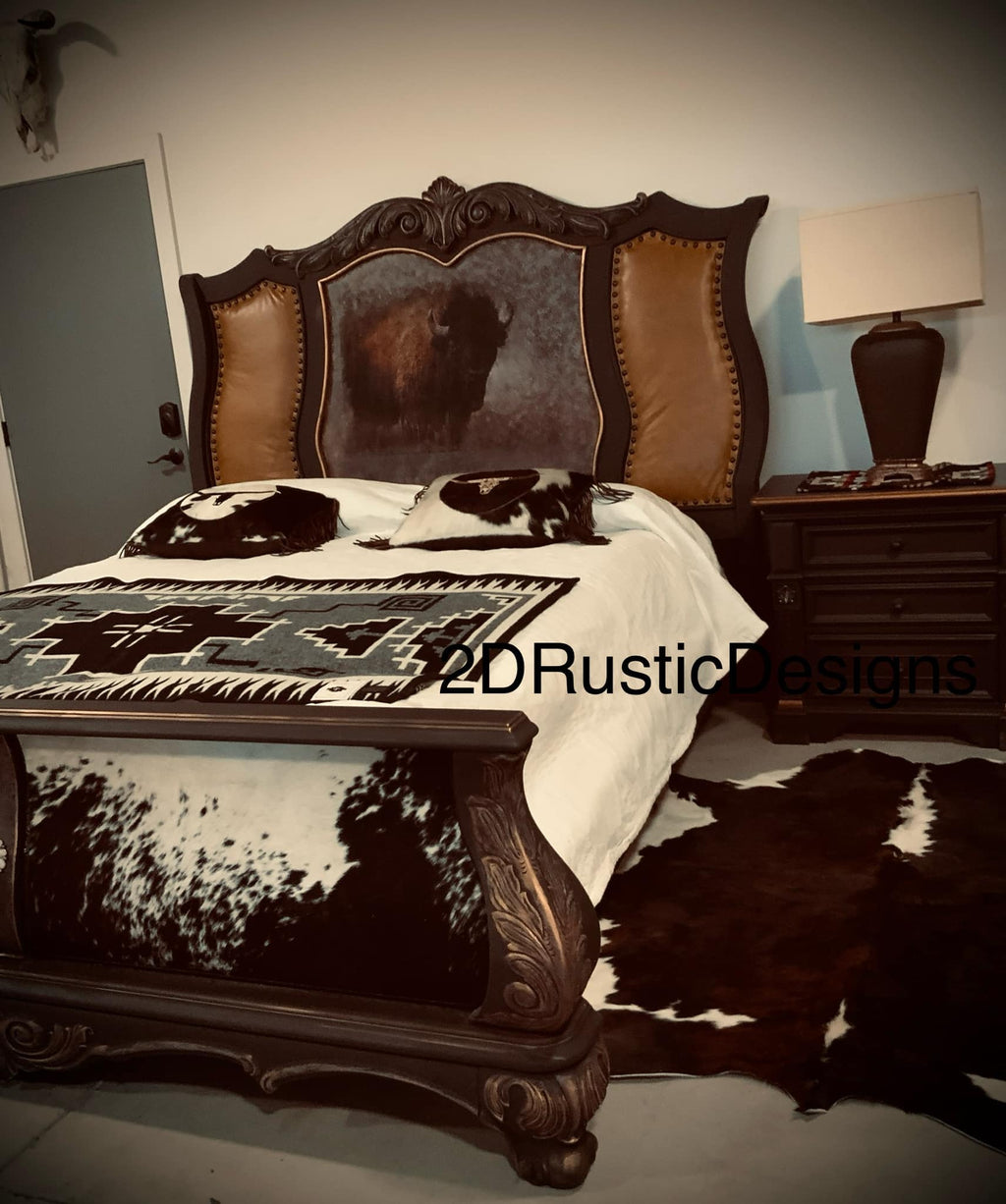 Western Custom Cowhide and American Bison California King Bed Frame