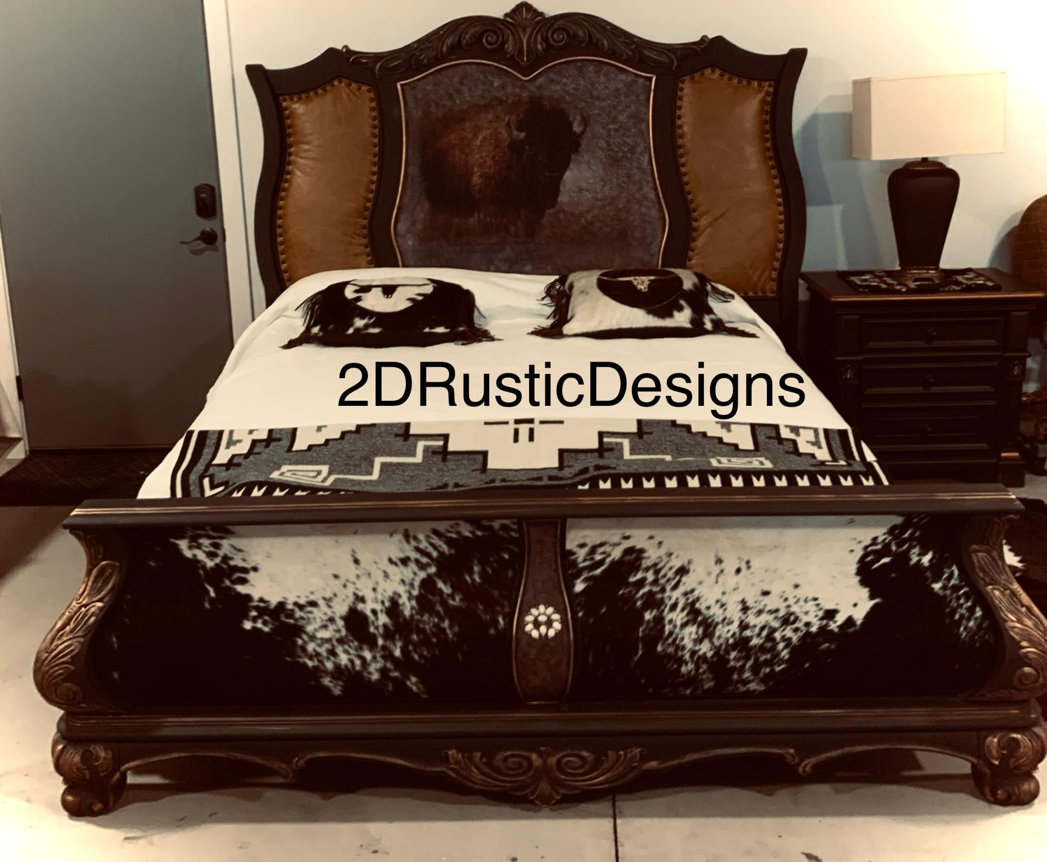 Western Custom Cowhide and American Bison California King Bed Frame