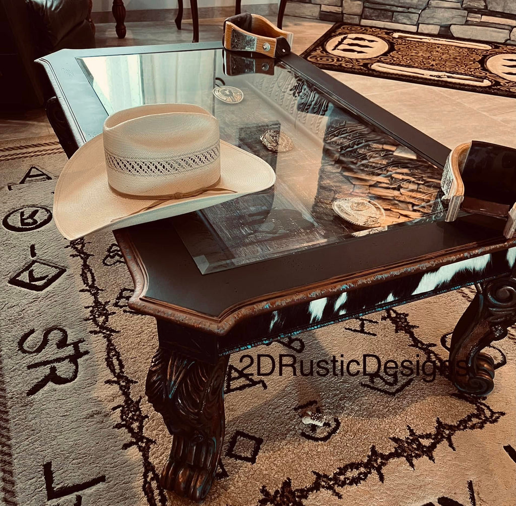 Horses and Cowhide Display Case Coffee Table
