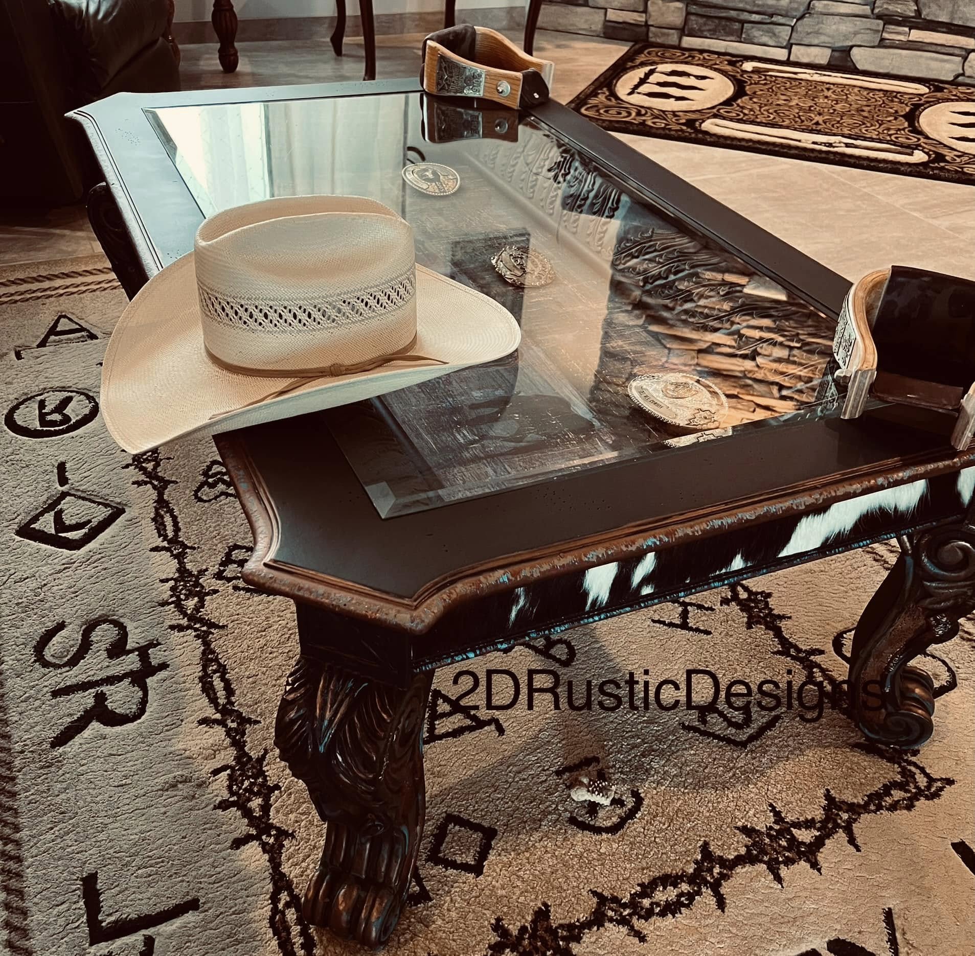 Horses and Cowhide Display Case Coffee Table