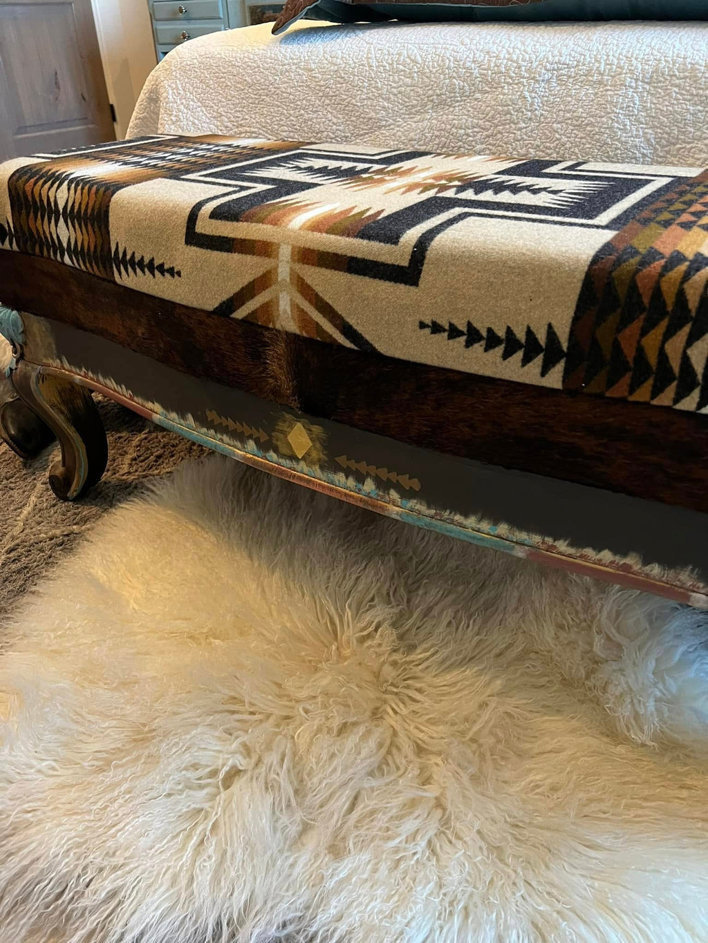 Carved Legged Bench with Turquoise and Copper