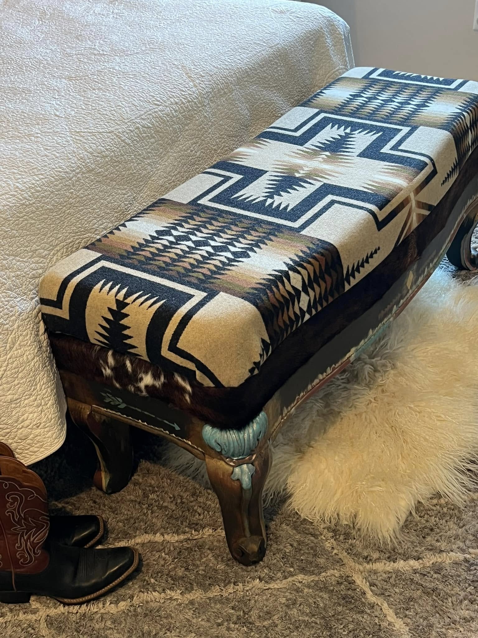 Carved Legged Bench with Turquoise and Copper
