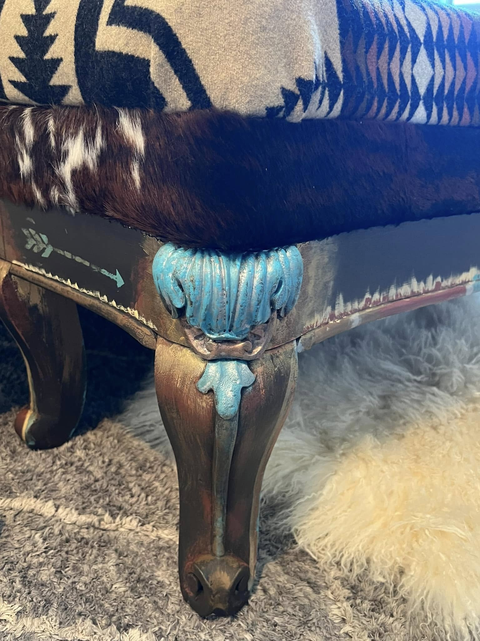 Carved Legged Bench with Turquoise and Copper