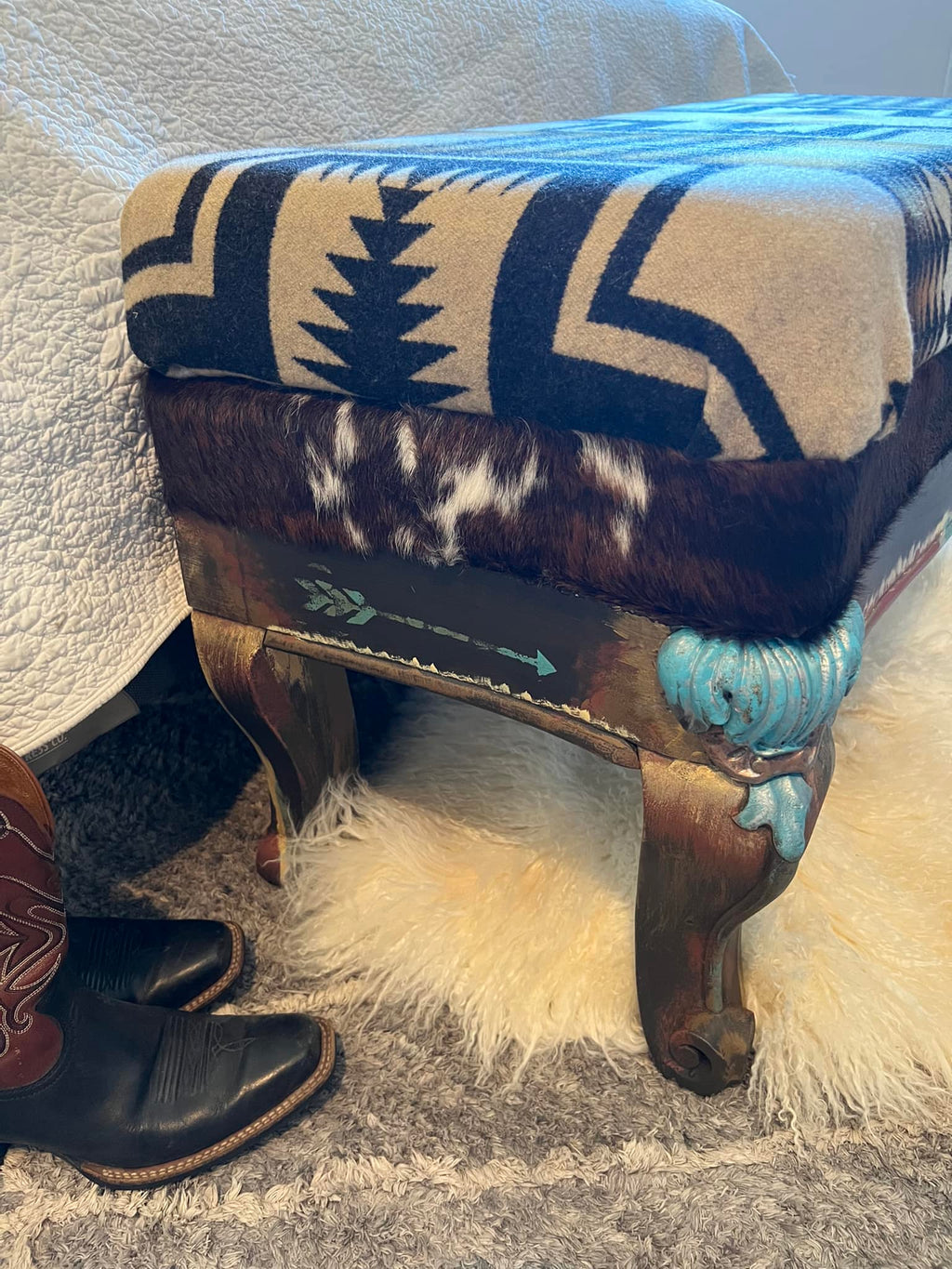 Carved Legged Bench with Turquoise and Copper