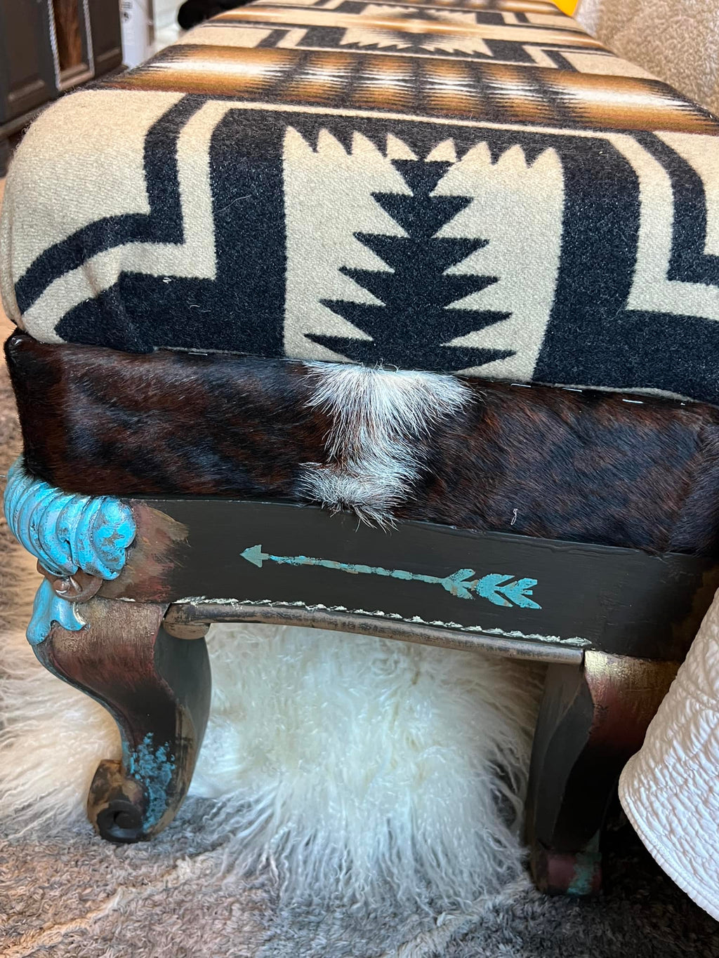 Carved Legged Bench with Turquoise and Copper