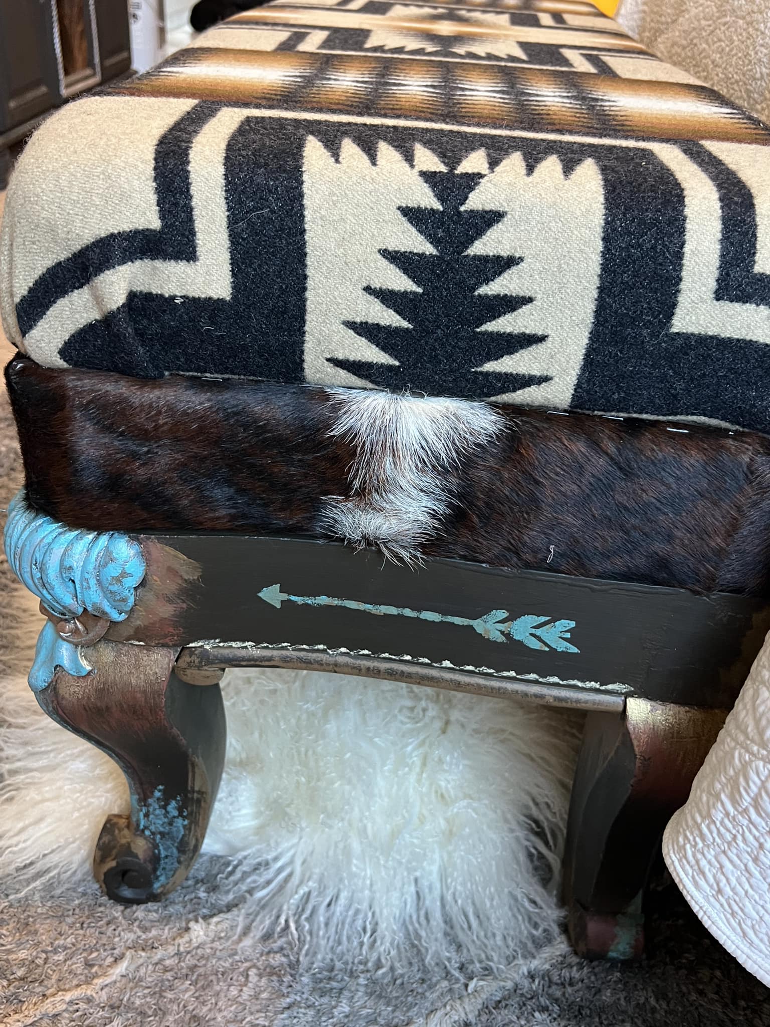 Carved Legged Bench with Turquoise and Copper