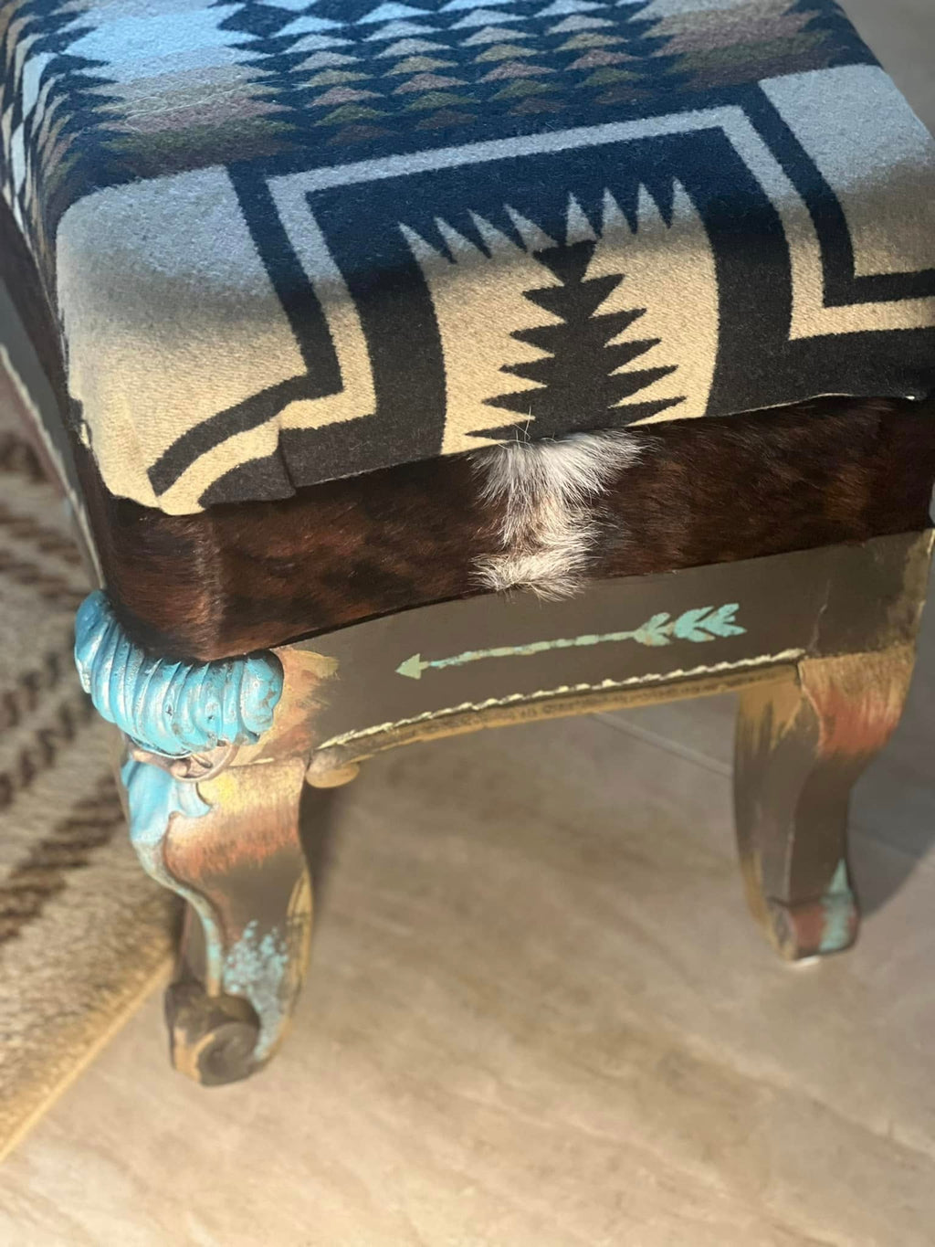 Carved Legged Bench with Turquoise and Copper