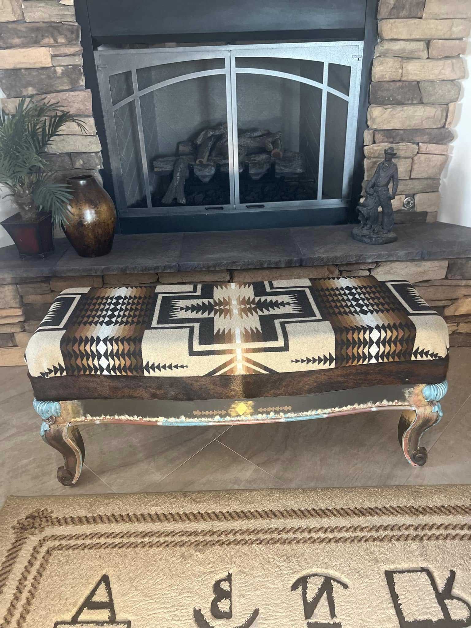Carved Legged Bench with Turquoise and Copper