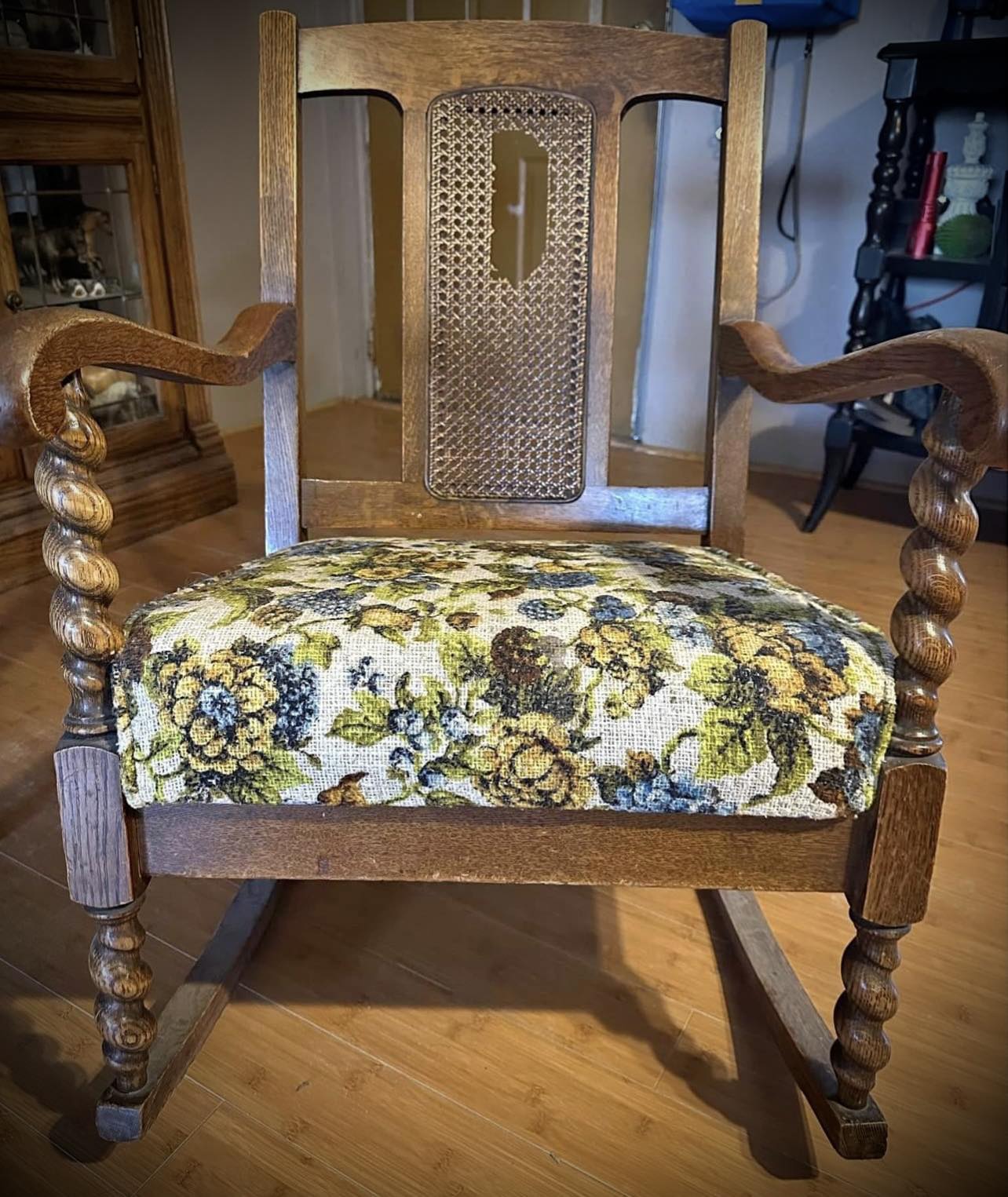 Barley Twist Leather and Wool Vintage Rocking Chair