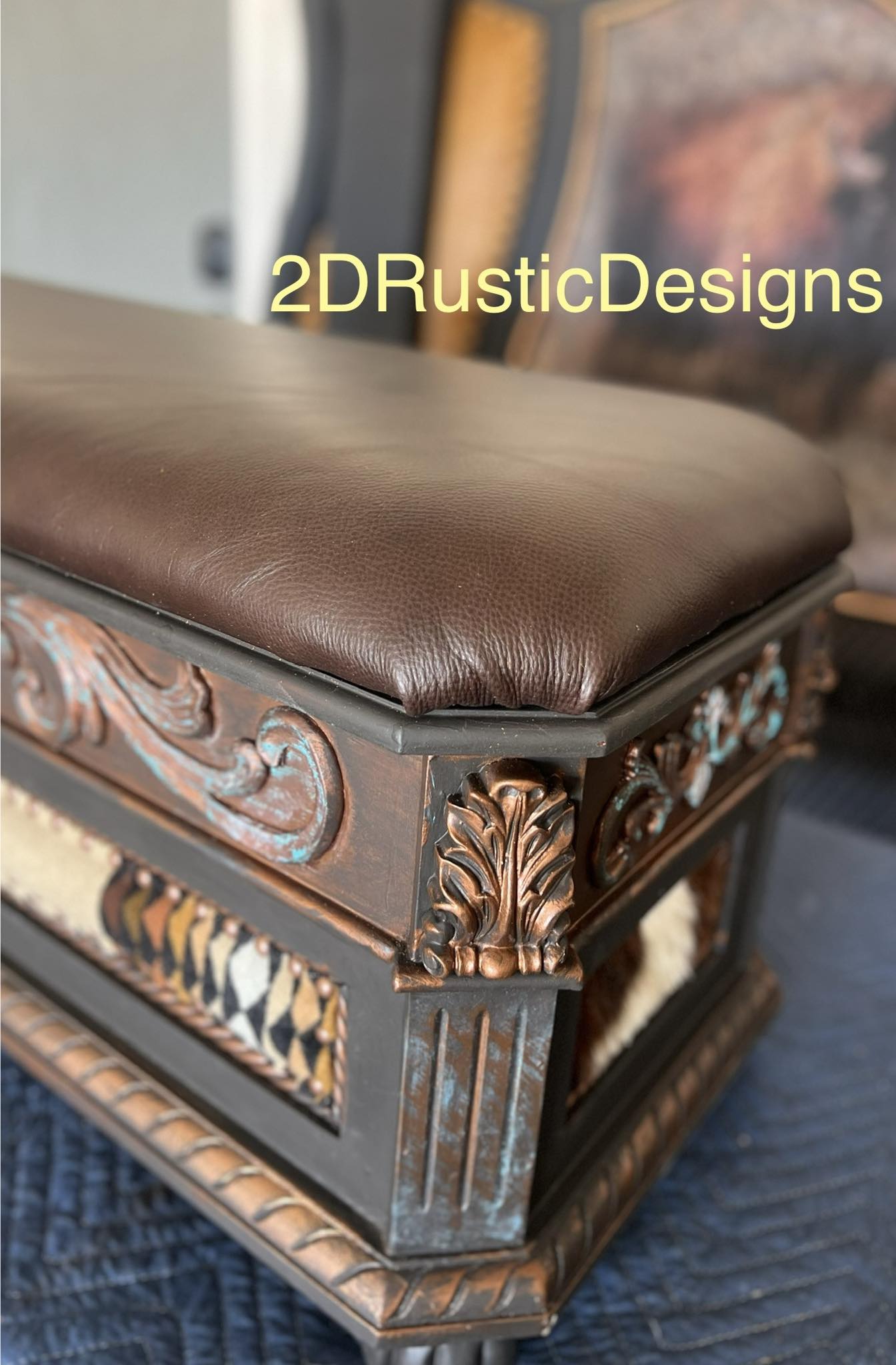 Carved Wood Rustic Western Bedroom Storage Bench